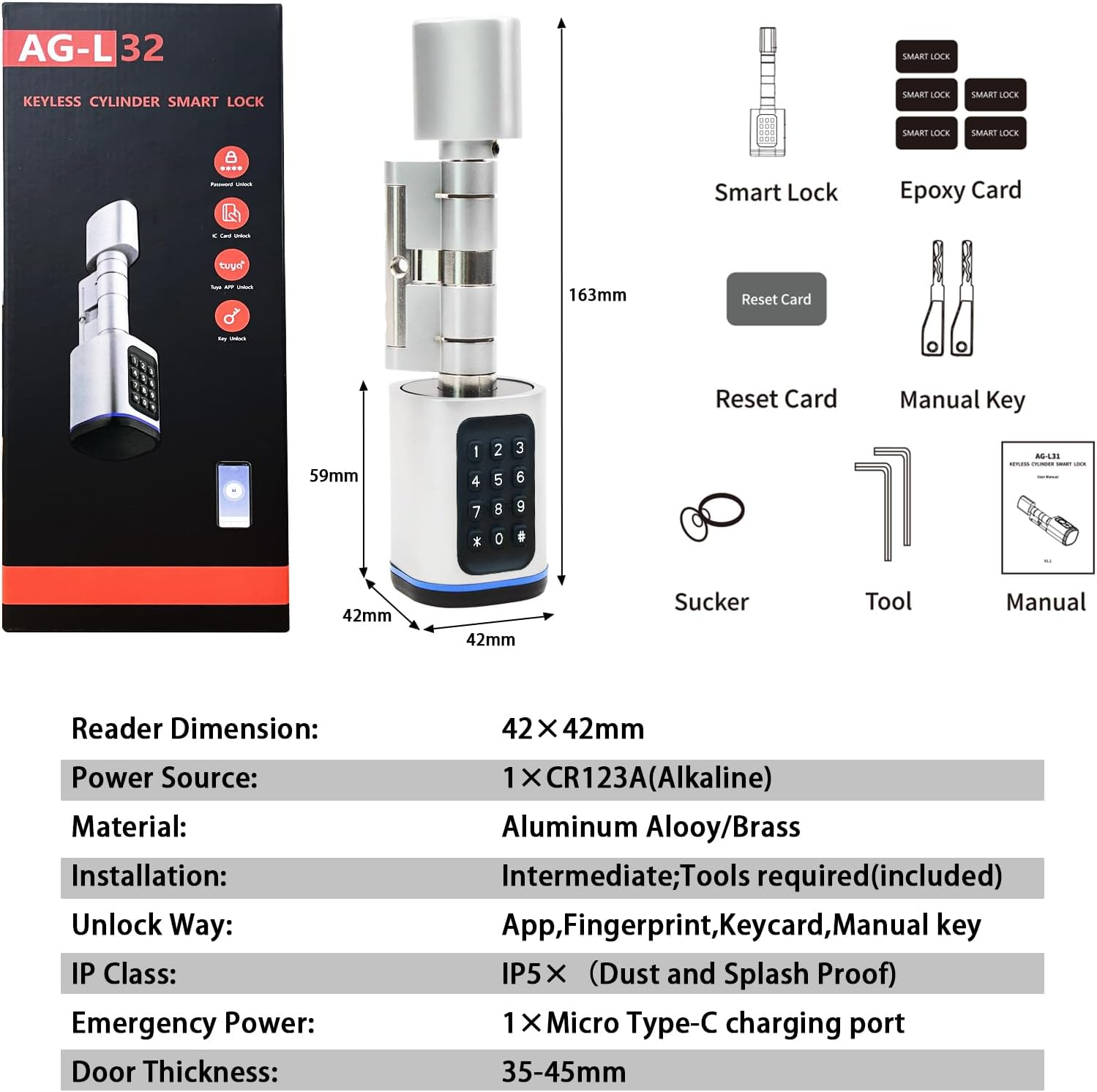 Smart Door Lock, Euro Door Smart Cylinder Lock, Electronic Locks Applicable to Wooden Iron Security Door (Silver) image number 2