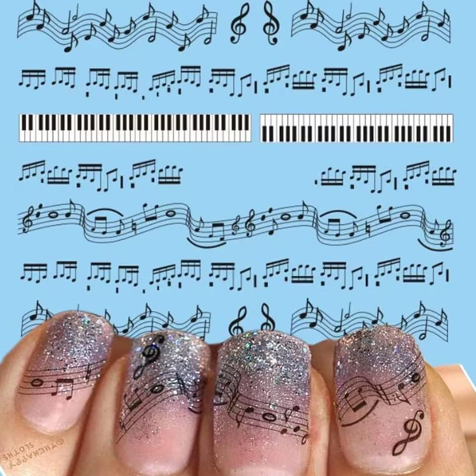 Musical Instrument Series Nail Art Stickers, Musical Notes Nail Decals 3D Self-Adhesive Guitar Erhu Piano Keys Microphone Musical Notes Nail Design Manicure Tips Nail Decoration for Women Girls Kids(12 Sheets) image number 4