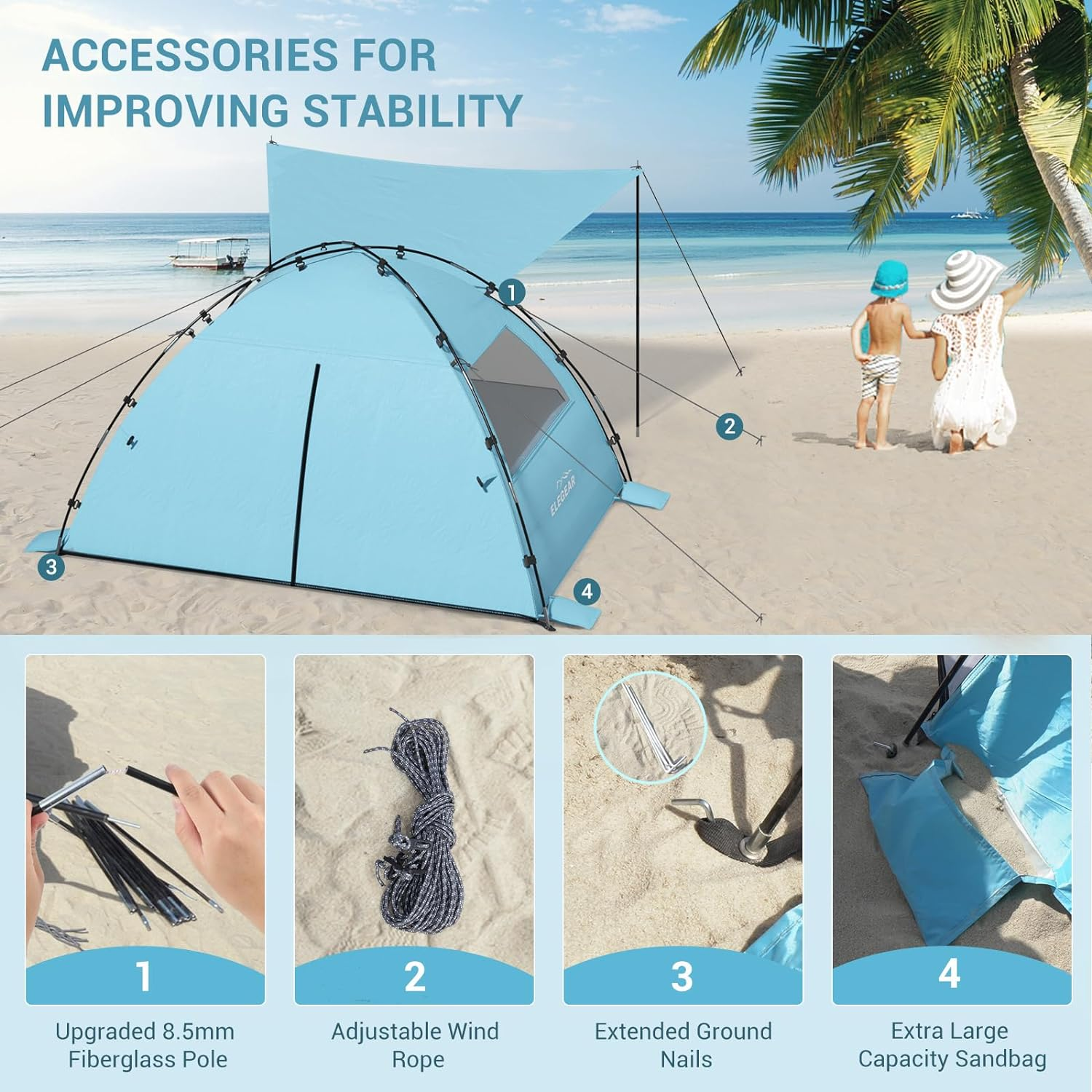 Elegear Beach Tent with 360&deg; Removable Canopy, 4-6 Person Pop up Sun Shade Shelter, UPF 50+ Automated Installation Double Silver Coating Portable Lightweight Beach Cabana for Beach/Camping/Outdoor image number 3