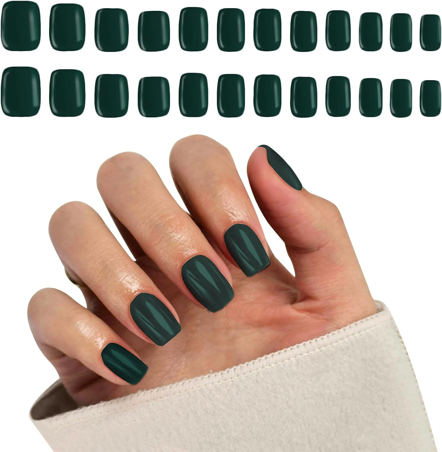 Qioon 24 Pcs Short Square Dark Green Press-On Nails, Full Cover Fake Nails with Adhesive Tabs and Mini Nail File, Artificial Fingernails for Women and Girls DIY Manicure Nail Art