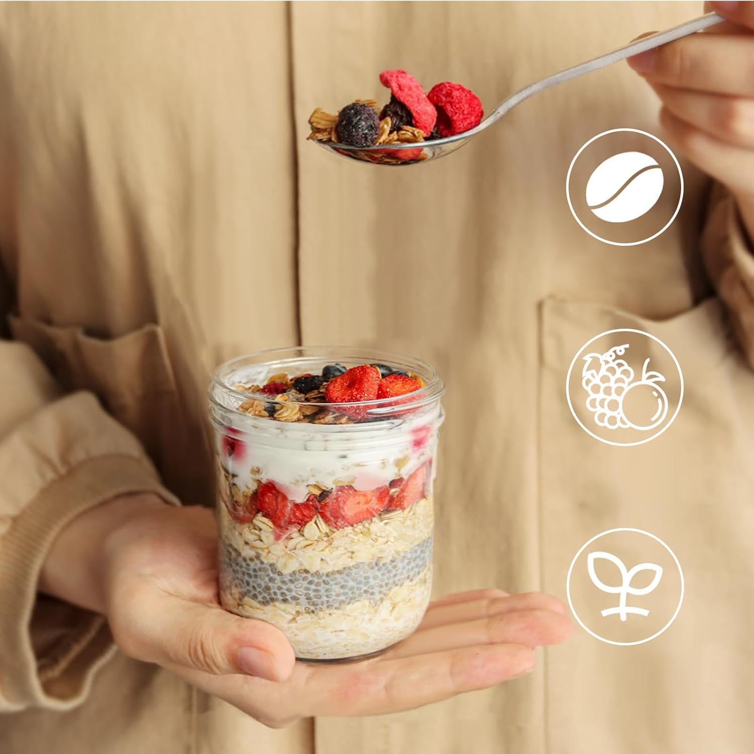 8 Pack 480Ml Glass Jars with Bamboo Lids and Spoon Pen Sticker Set, over Night Oats Glass Food Storage Containers Salad Jars for Food, Yogurt, Sugar and Flour, Coffee Bean, Cookie, Cereal image number 2