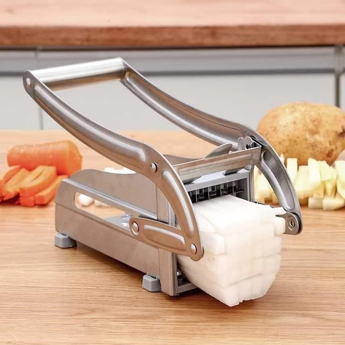 French Fry Cutter, Potato Chipper with 2 Blades Stainless Steel Potato Chip Cutter Machine Chip Tool with Non- Slip Base for Home Kitchen Vegetables and Fruits image number 1