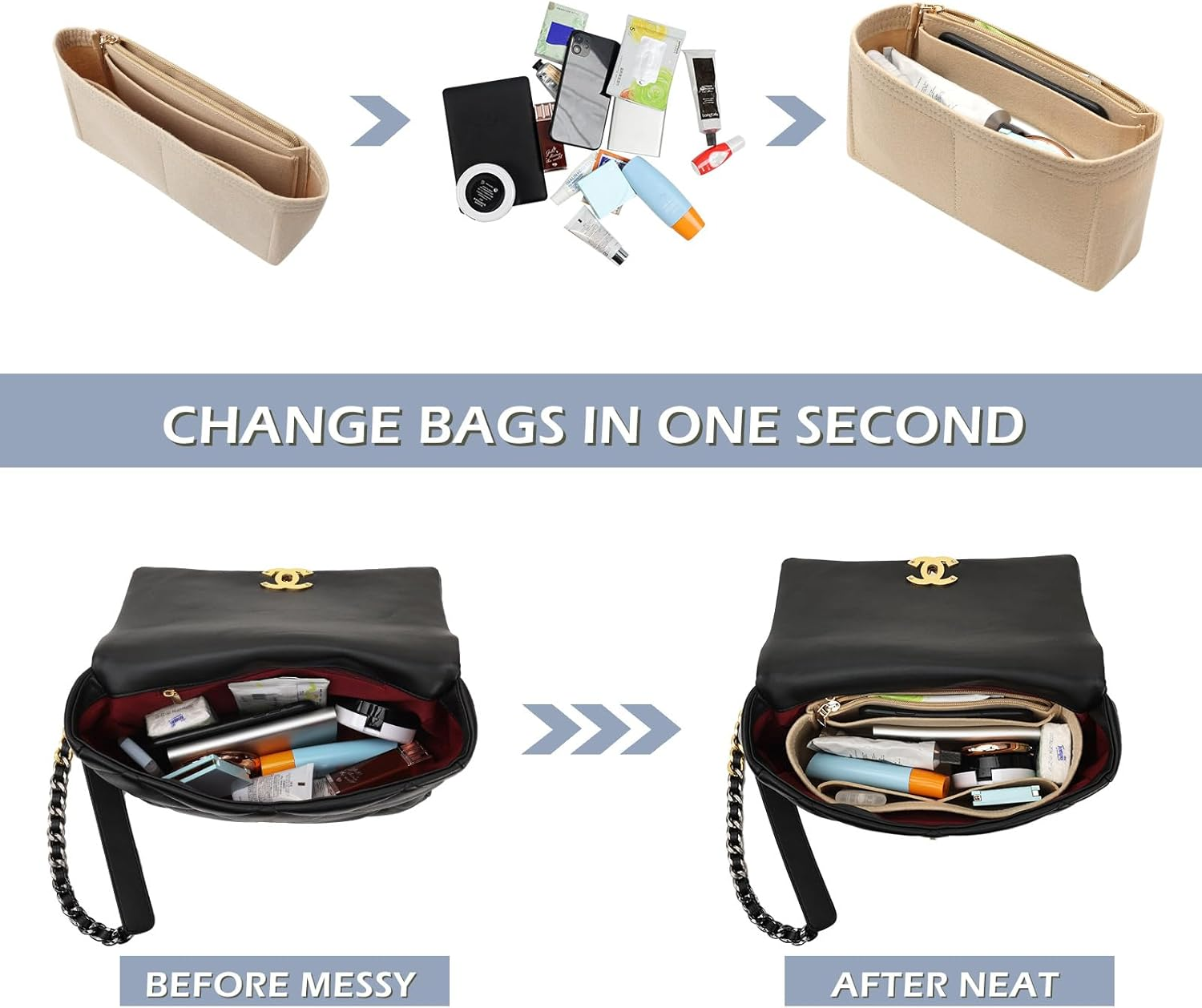 Surblue Purse Organizer Insert for Handbags, Felt Bag Organizer with Zippers Handbag Shaper Pouch for Classic 19 Flap Bag, Marmont, Onthego,（Khaki, Slender S） image number 4