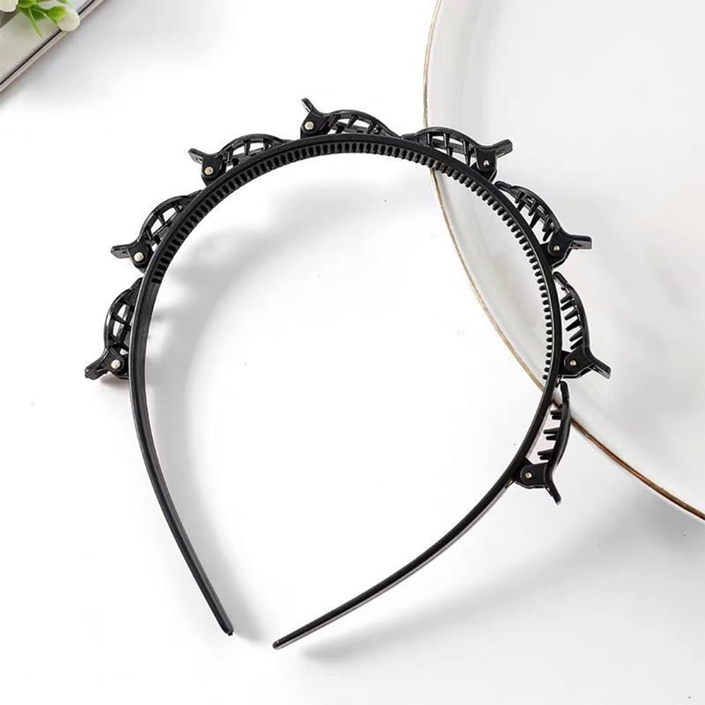 HUATEEN 2 Pack Braided Hairbands for Women,Black & Brown Clip Headbands with Non-Slip Teeth,13Cm Adjustable Butterfly Clips | Double Layer Twist Plait Headband for Girls/Women (Office/Yoga/Daily)