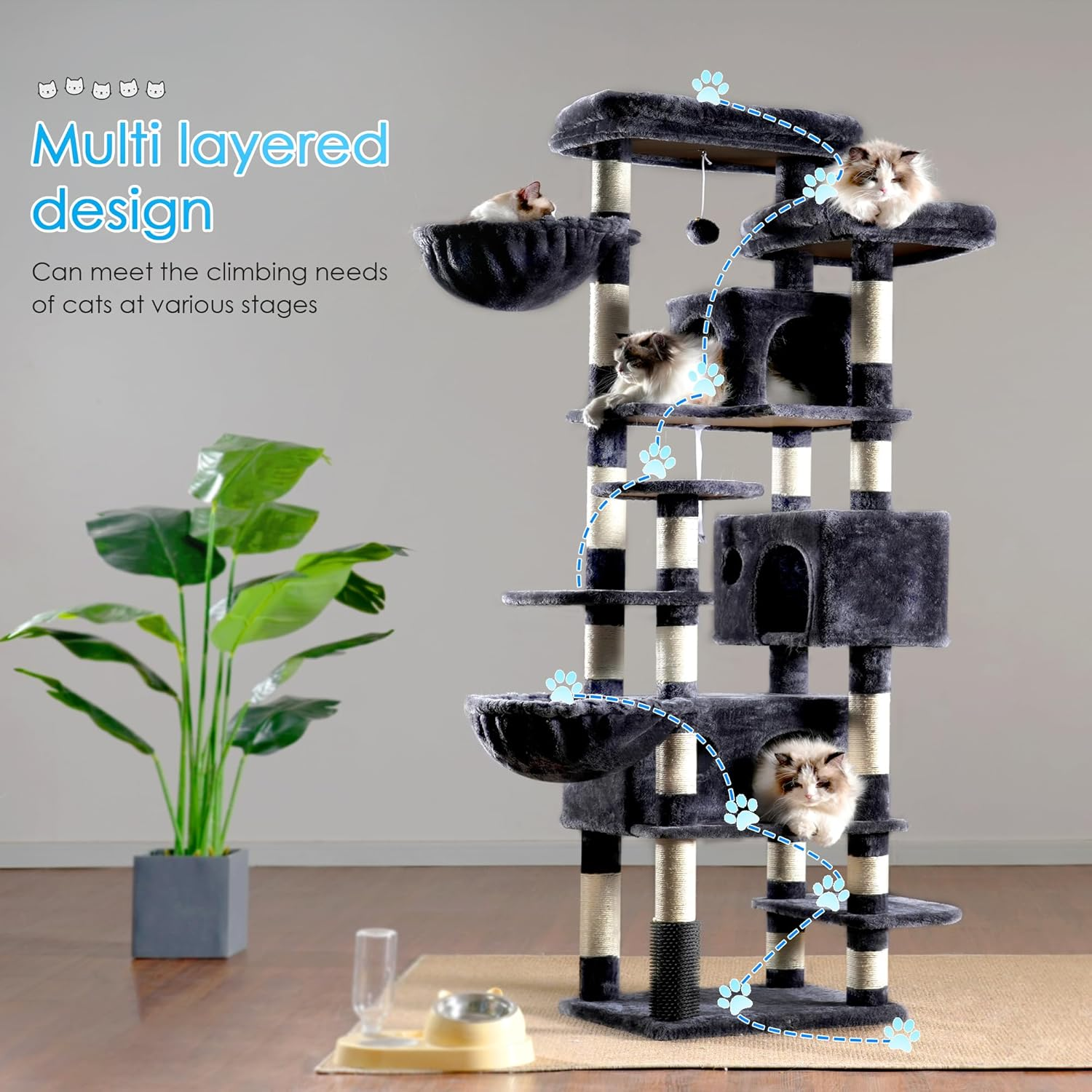 Hey-Brother Cat Tree, 188 Cm Multi-Level XL Large Cat Tower for Indoor Cats with Three Cat Condos, Two Large Top Decks and Cat Hairbrushfor Kittens, Cats and Pets, Smoky Gray MPJ035-MG