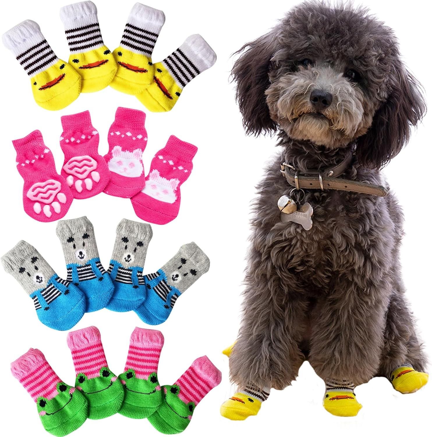 TYXHXTF 16 PCS Anti-Slip Dog Socks with Straps - Pet Paw Protector Shoes for Indoor Outdoor Wear Winter - Suitable for Small Dogs and Cats image number 2