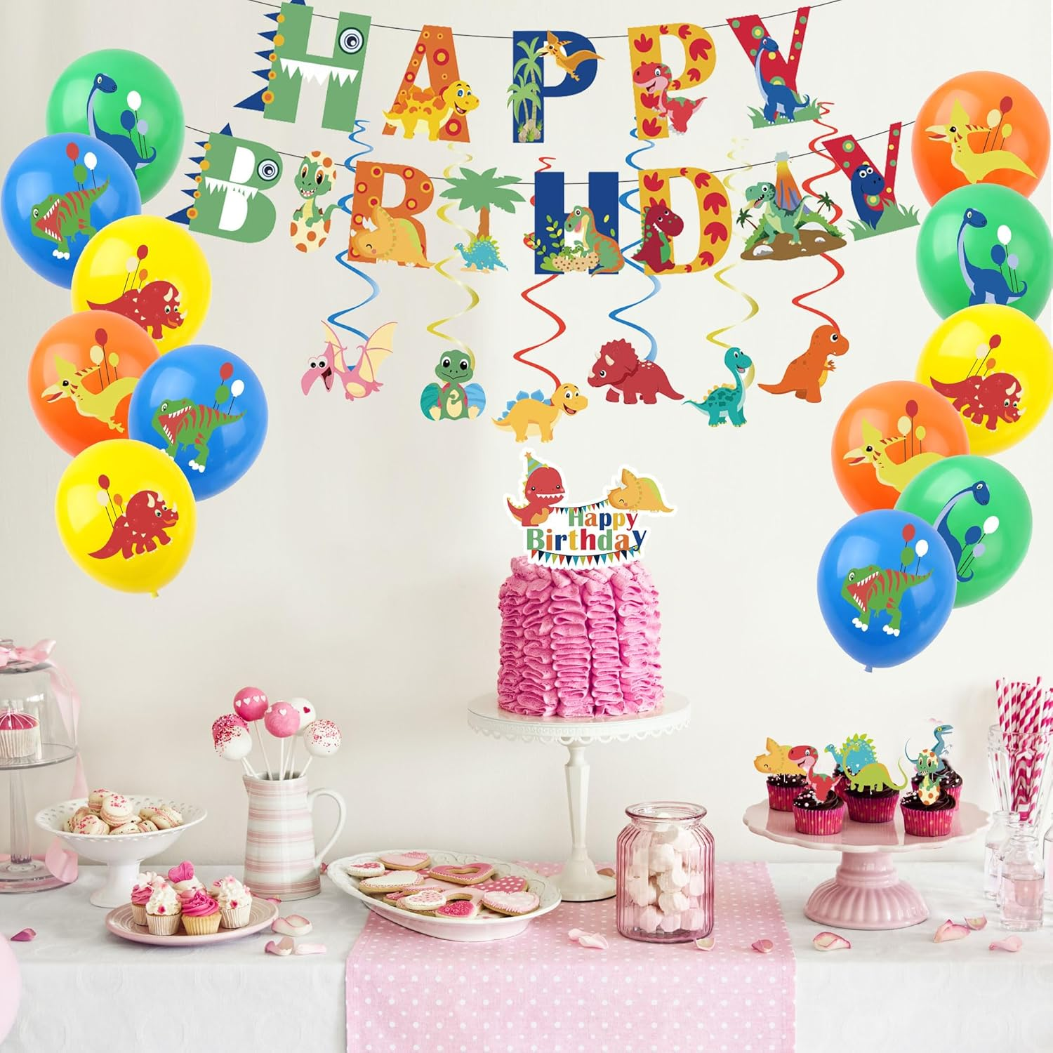 44Pcs Dinosaur Birthday Decorations for Boys Home Dinosaur Party Balloons,Happy Birthday Banner Bunting,Cake Toppers,Dinosaur Hanging Swirls for Kids Baby Shower Cartoon Dino Theme Party Supplies image number 2