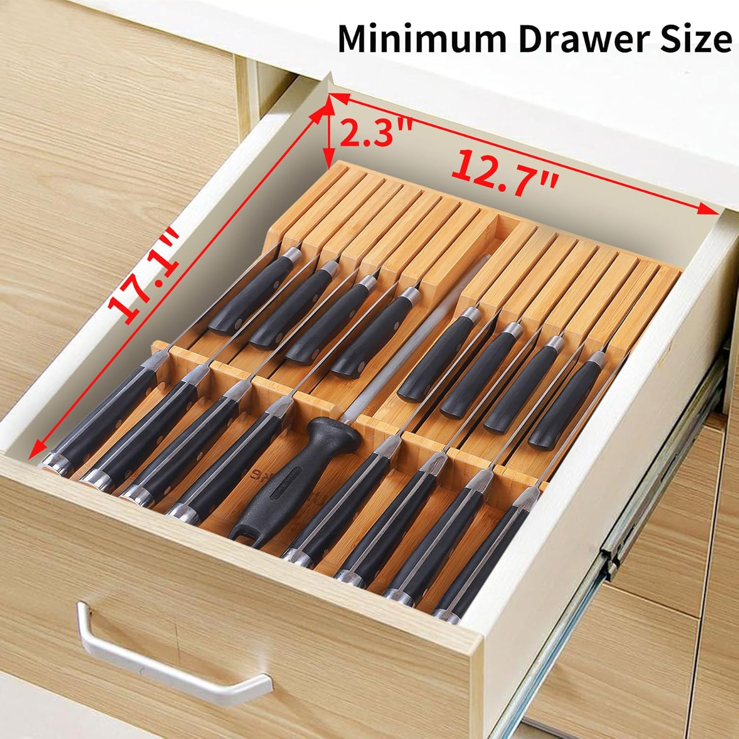 Utoplike In-Drawer Knife Block Bamboo Kitchen Knife Drawer Organizer,Large Handle Steak Knife Holder without Knives, Fit for 16 Knives and 1 Sharpening Steel (16 Knife Organizer) image number 5