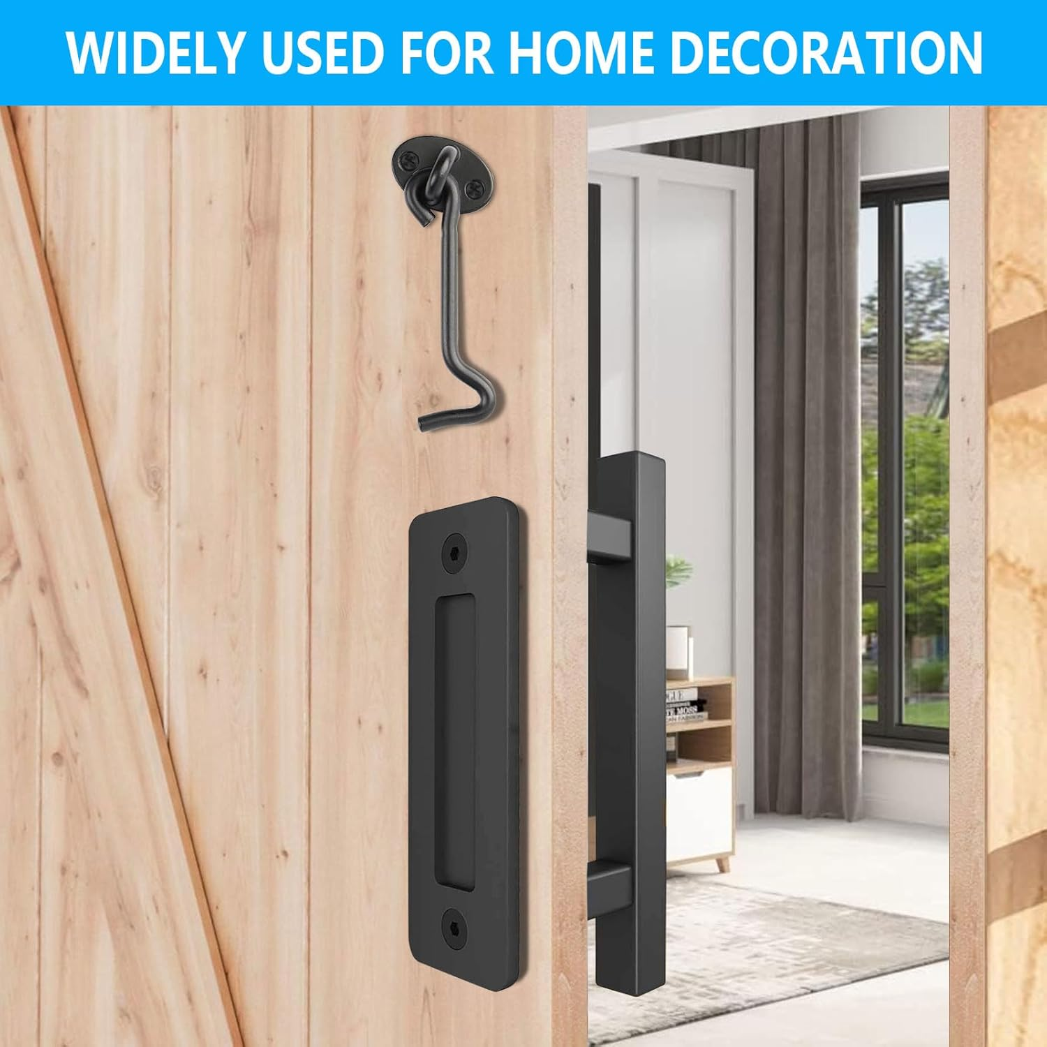 Heavy Duty 12" Sliding Barn Door Handle and Gate Latch Set, Matte Black Carbon Steel Pull Handle for Interior/Exterior Use, Double Sided Sliding Door Handle with Door Latch, Barn Door Lock & Handle image number 4