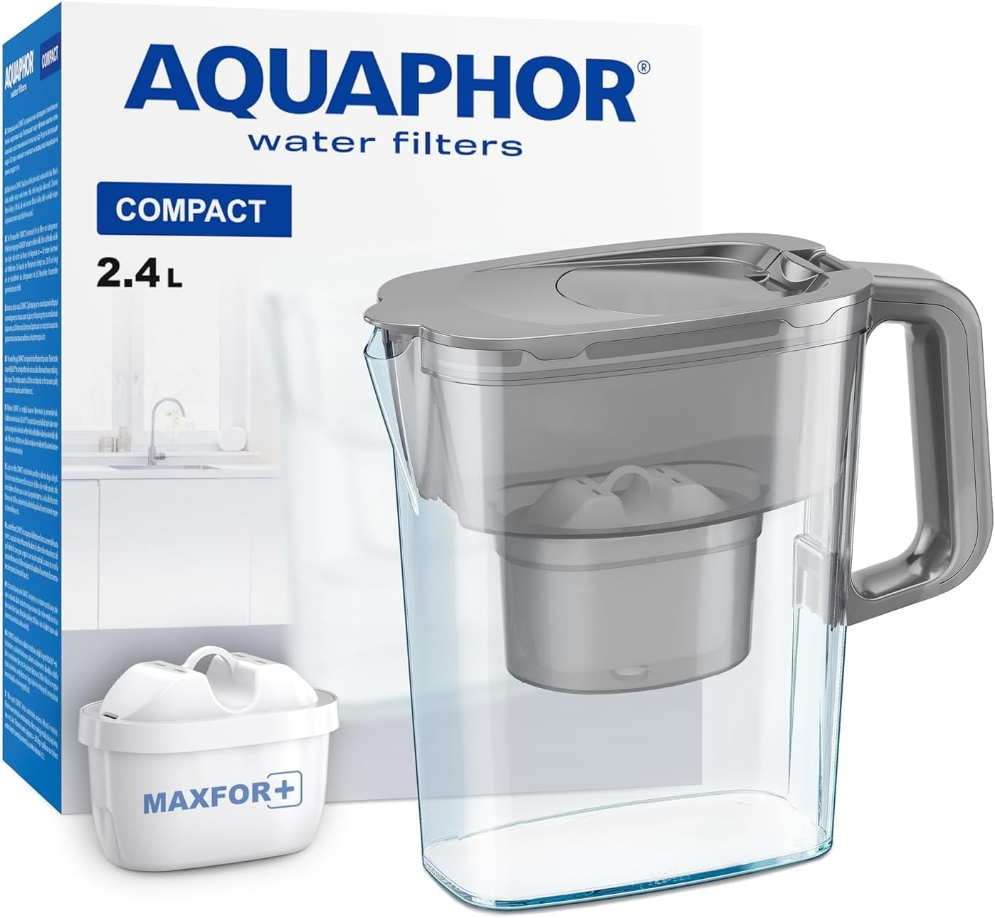 AQUAPHOR Water Filter Jug Compact Grey Includes 1 Maxfor+ Filter I Plastic Carafe 2.4 L I Reduces Limescale, Chlorine & Heavy Metals I Compact & Lightweight Water Filter I Fits in the Fridge Door