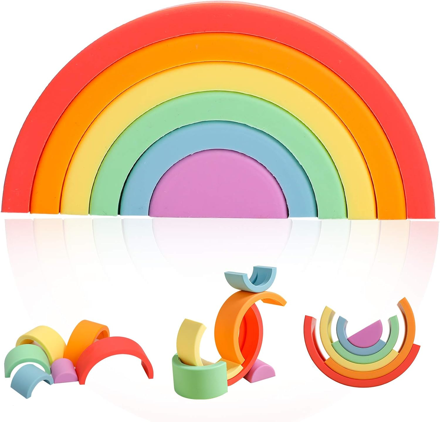 Silicone Rainbow Stacking Toy Color Sorting Toys 8 Pcs Stacking Game Rainbow Stacker Shape Matching Learning Montessori Toy Early Development Gift