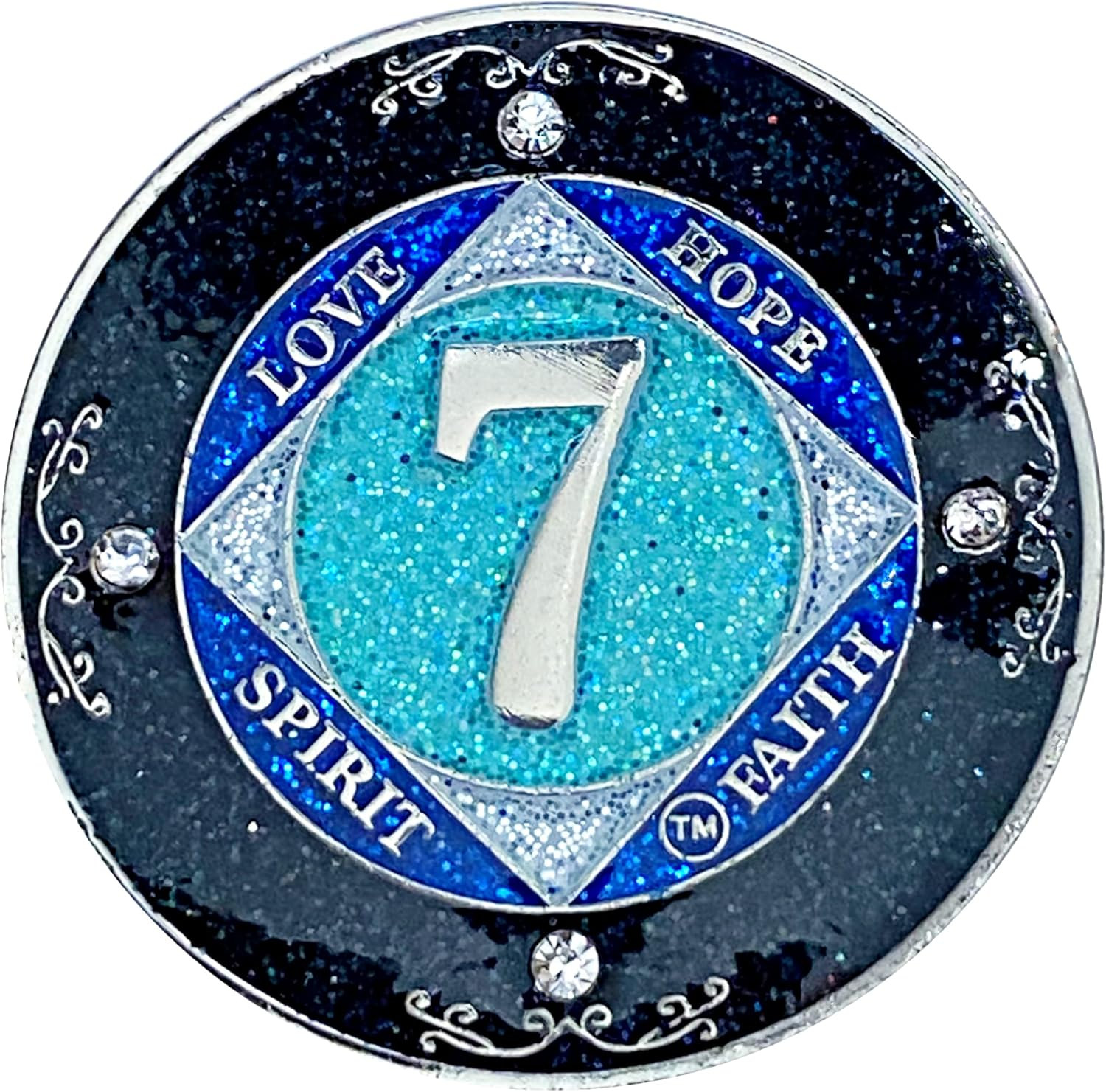 (Years 1-50) NA 40 Year Crystals and Glitter Medallion, Silver Color Plated Coin, Black Rainbow, Blue Glitter and Four Clear Crystals, Epoxy Covered (NA 40 Year Glitter & Crystals Medallion) image number 1