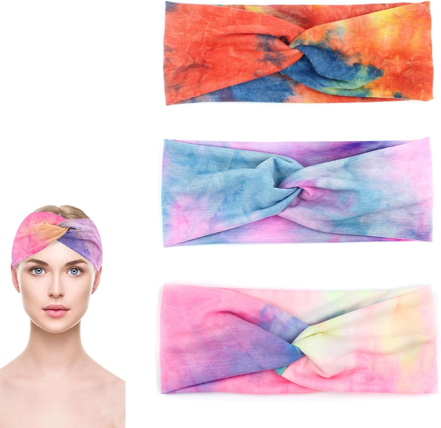 DHWEKU Hair Bands Women'S Wide Elastic Soft 3 Pieces Summer Boho Headband Print Hair Accessories Yoga Sports Hair Band Multicoloured Thin Headbands (Tie Dye)