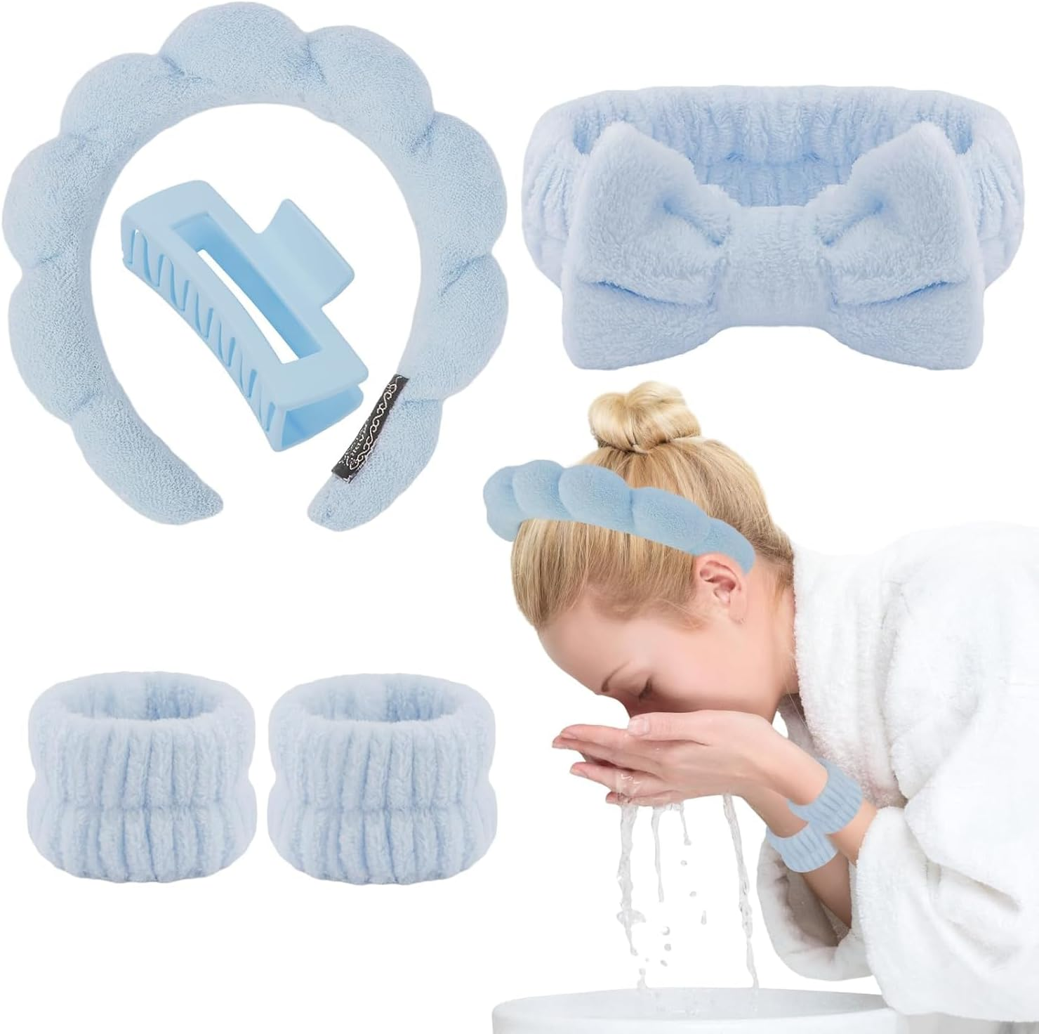 Blue Spa Headband and Wristband Set for Skincare, Prevent Water Slipping and Keep Hair Away with 2 Styles (Blue) - Geiwogwc image number 5
