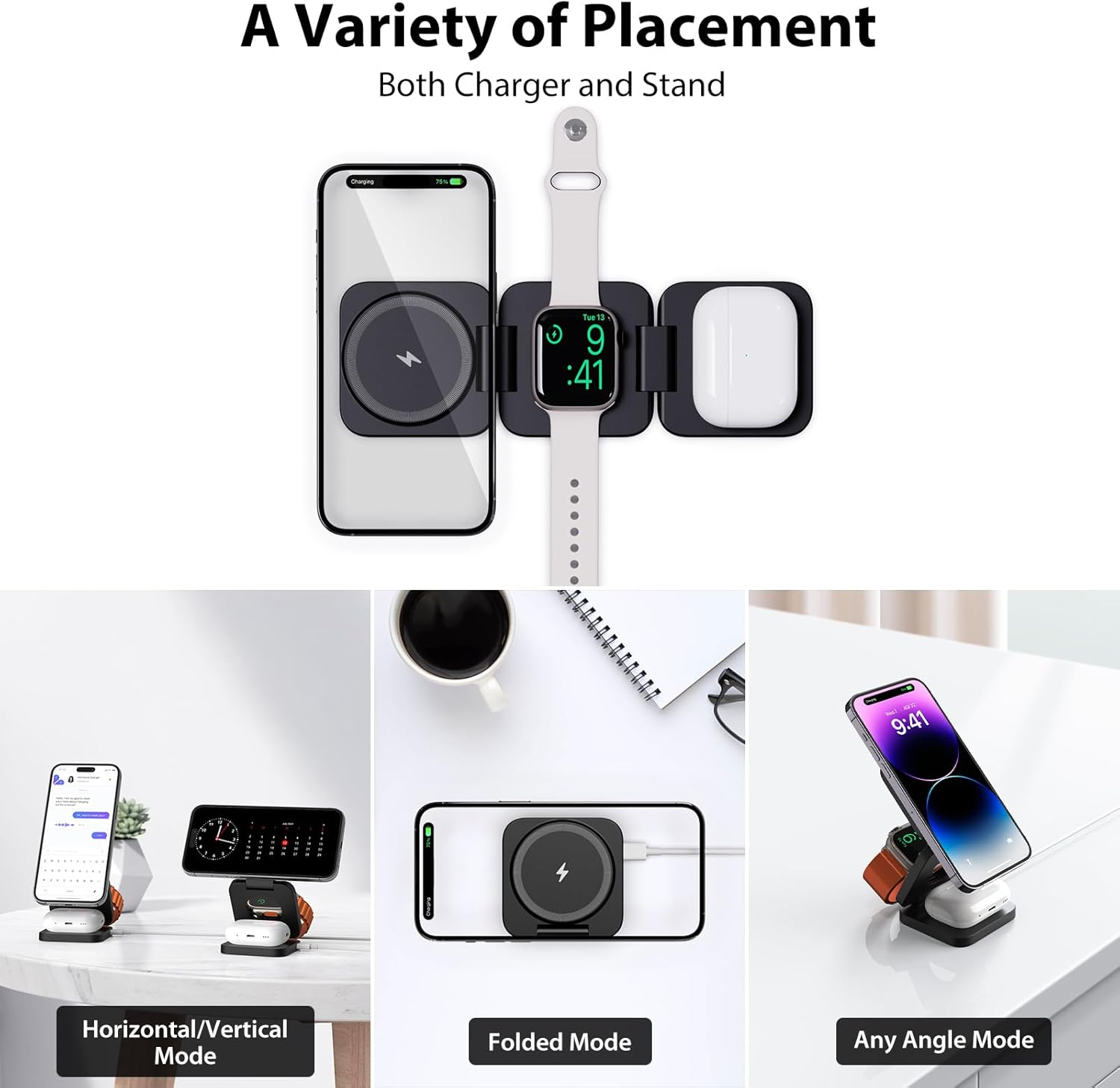 KU XIU X55 Foldable Wireless Charger, 3 in 1 Magnetic Charging Station for Iphone 17/16/15/14/13/12 Series and Iphone Air, 5W Charger for Iwatch 11&ndash;4/Se/Ultra, for Airpods 4/3/2/Pro 3/2/1 &ndash; Black image number 5