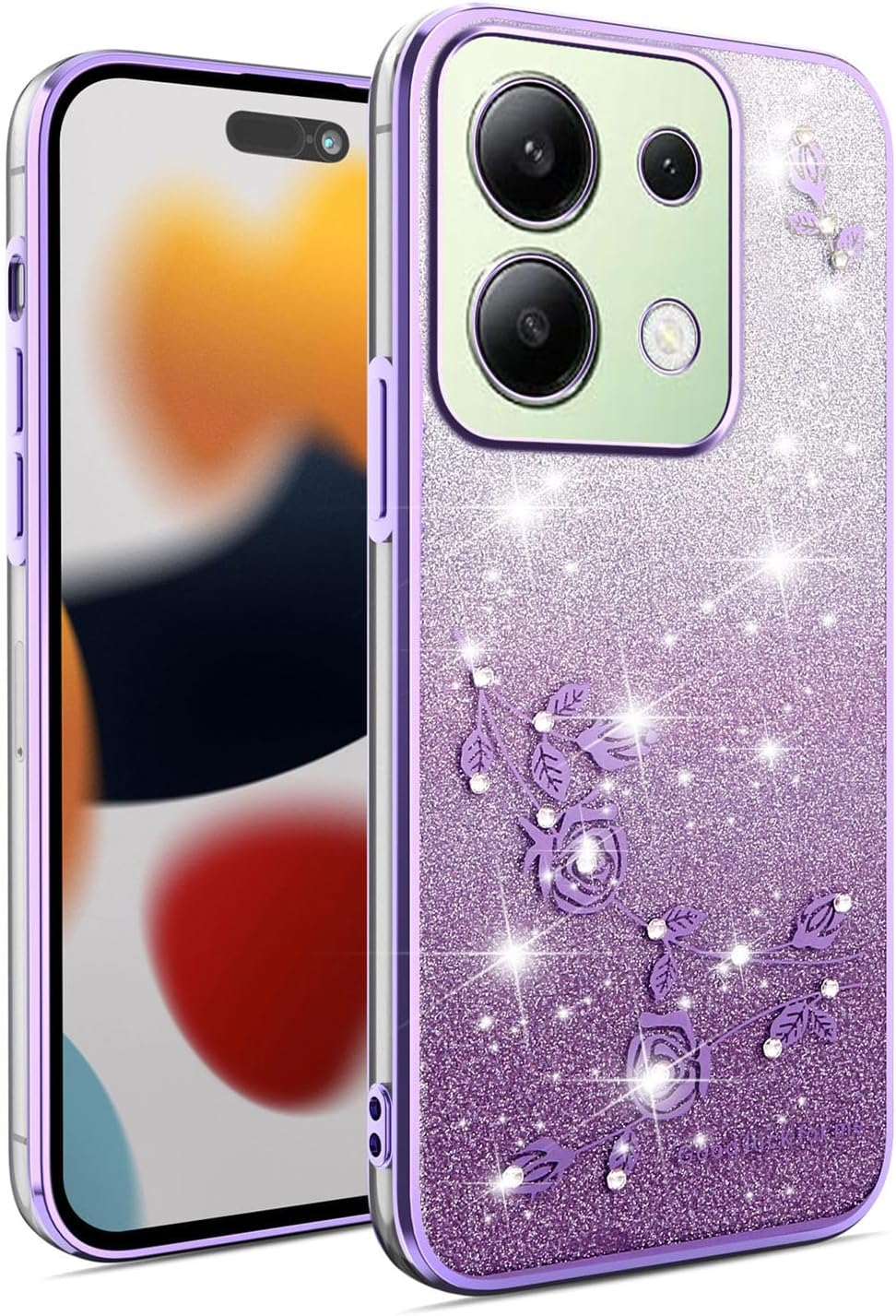 ILING Girls Case for Xiaomi Redmi Note 13 4G, Bling Gradient Color Back + Elegant Rose Pattern + Glitter Rhinestones Inlaid, Ultra Thin Soft Silicone TPU Shockproof Cover (Purple)