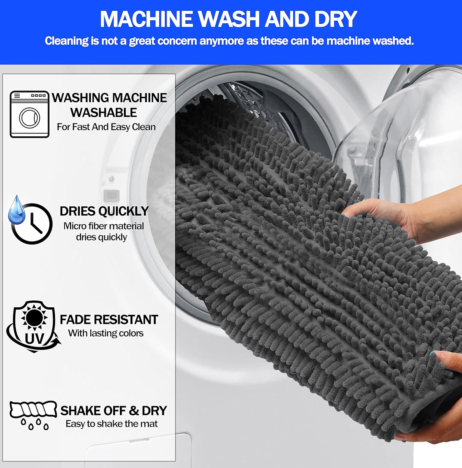 Bath Mat, GVTECH Chenille Non-Slip Back 50 X 80 CM Fleece Softness, Highly Absorbent, Bathroom Carpet, Super Soft Microfiber Bath Rug, Rectangle, Easy to Clean Mat (Grey)