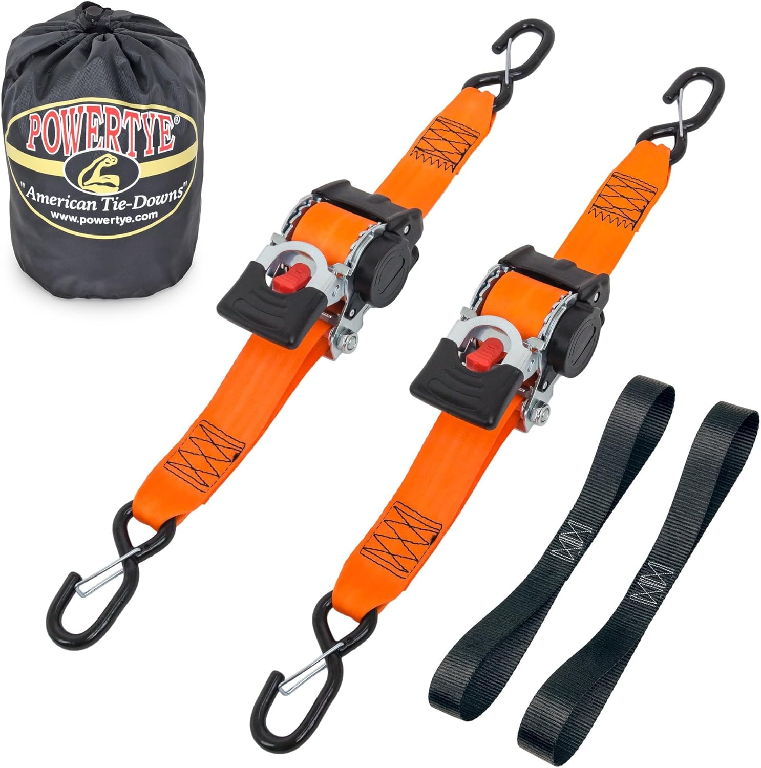 Powertye 2In X 10Ft Retractable Heavy-Duty Ratchet Tie-Downs W/Latch Hooks - Includes Soft-Tyes and Storage Bag - 800 Lb Working Load Limit / 2,400 Lb Breaking Strength - Black (Pair)