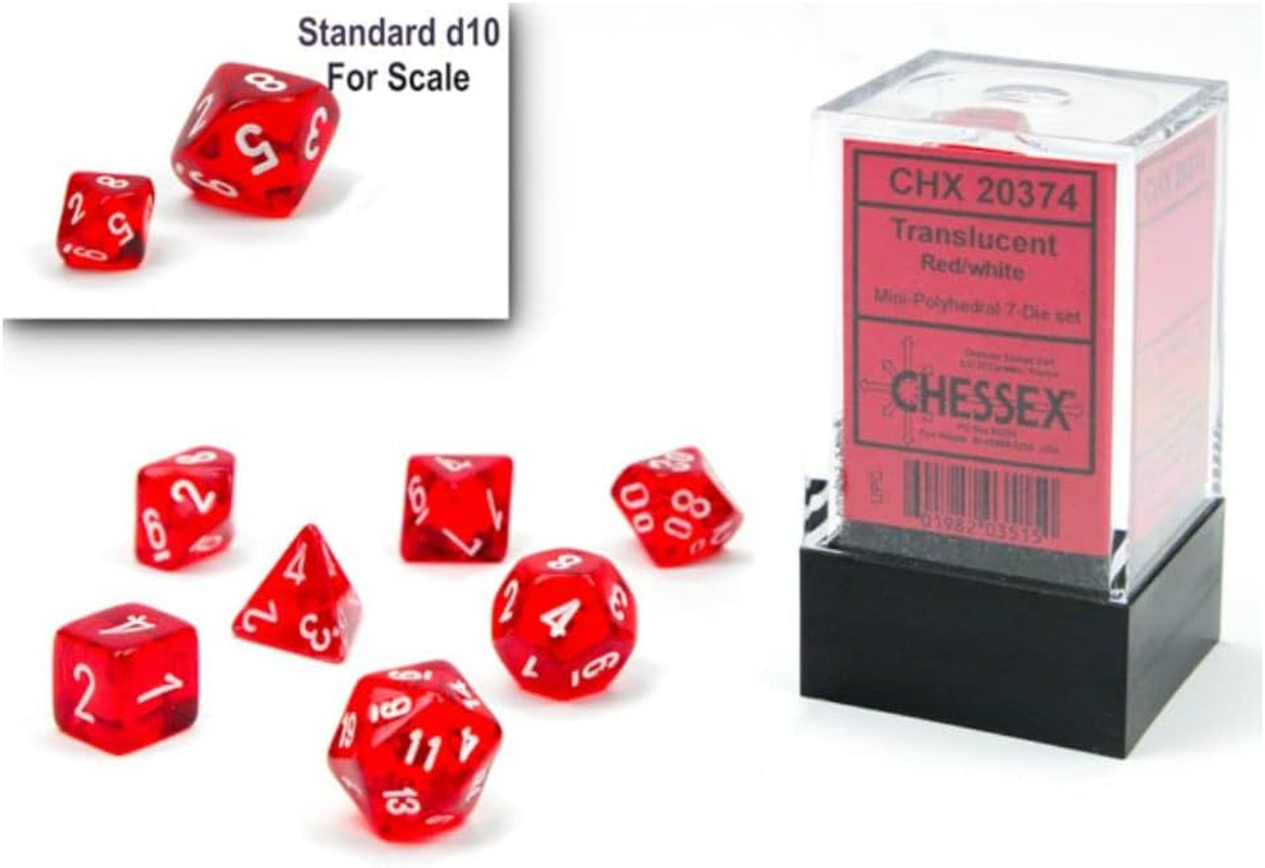 Chessex Mini Polyhedral 7D Translucent Style Dice Set, Red/White (7 Piece)