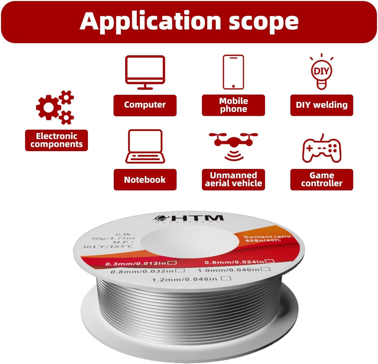 HTM 60/40 Rosin Core Solder Wire (0.8Mm 50G) for Electronics Soldering - Sn60-Pb40 Alloy, 1.8% Flux, 183&deg;C Melt