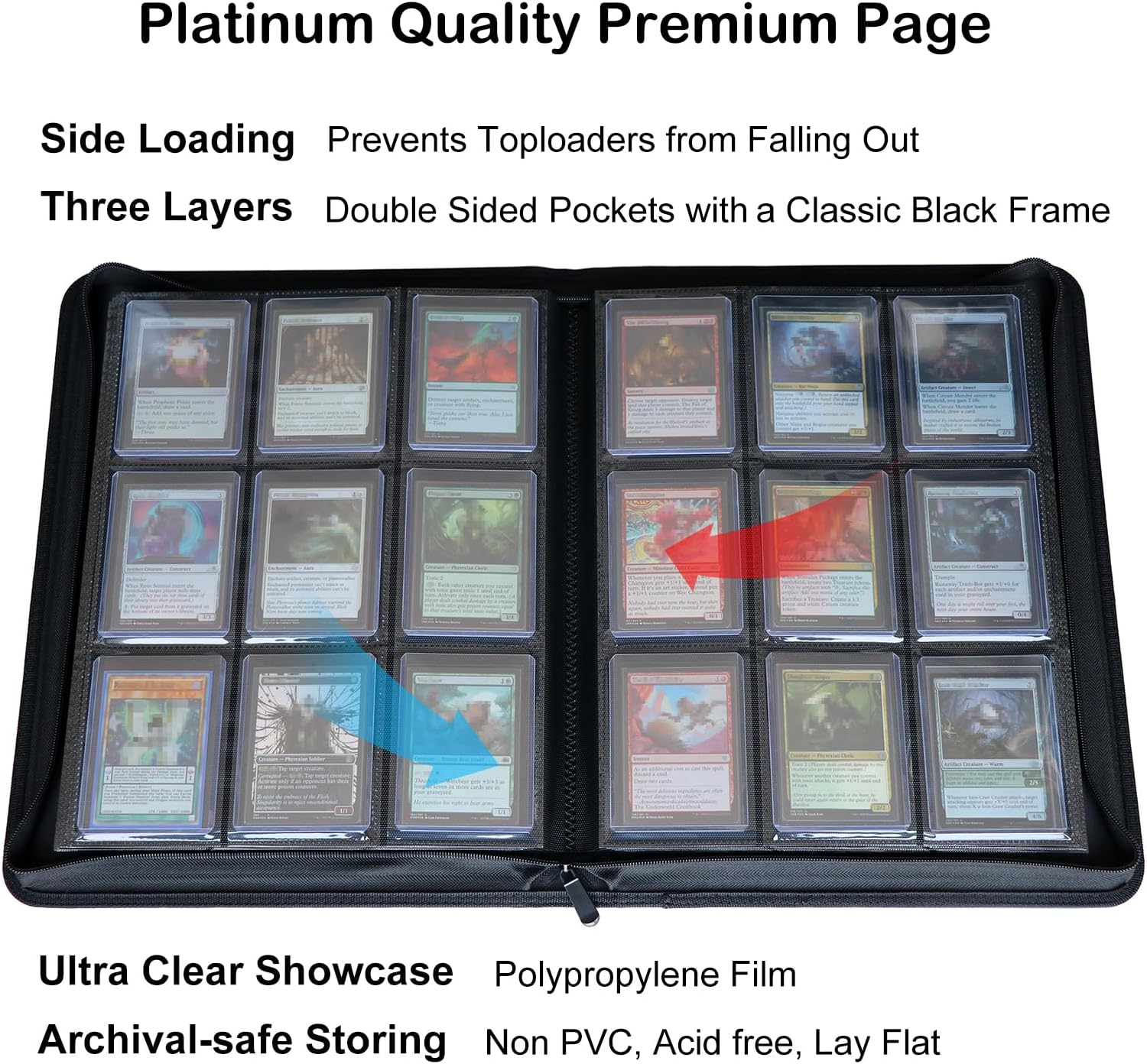 Rayvol Toploader Binder, Holds 252 Toploaders 9-Pocket Top Loader Card Storage Case, Ringless Double-Sided Pockets for Cards in 3 X 4'' Toploaders - Black image number 3