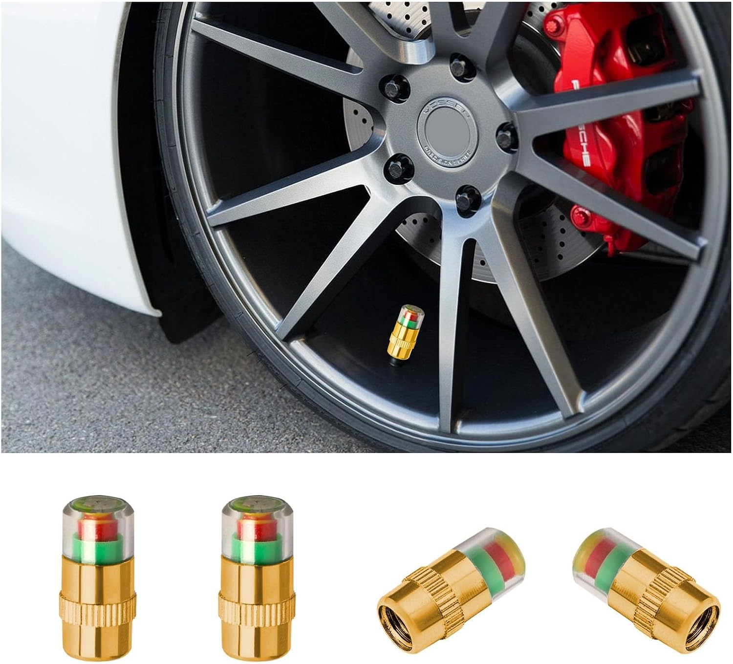 4 PCS Tire Pressure Monitor Valve Stem Caps, 2.4 Bar 36 PSI Car Tire Pressure Monitor Sensor Indicator with 3-Color Eye Alert, Universal Valve Stem Caps for Cars, Suvs, Trucks (Silver)
