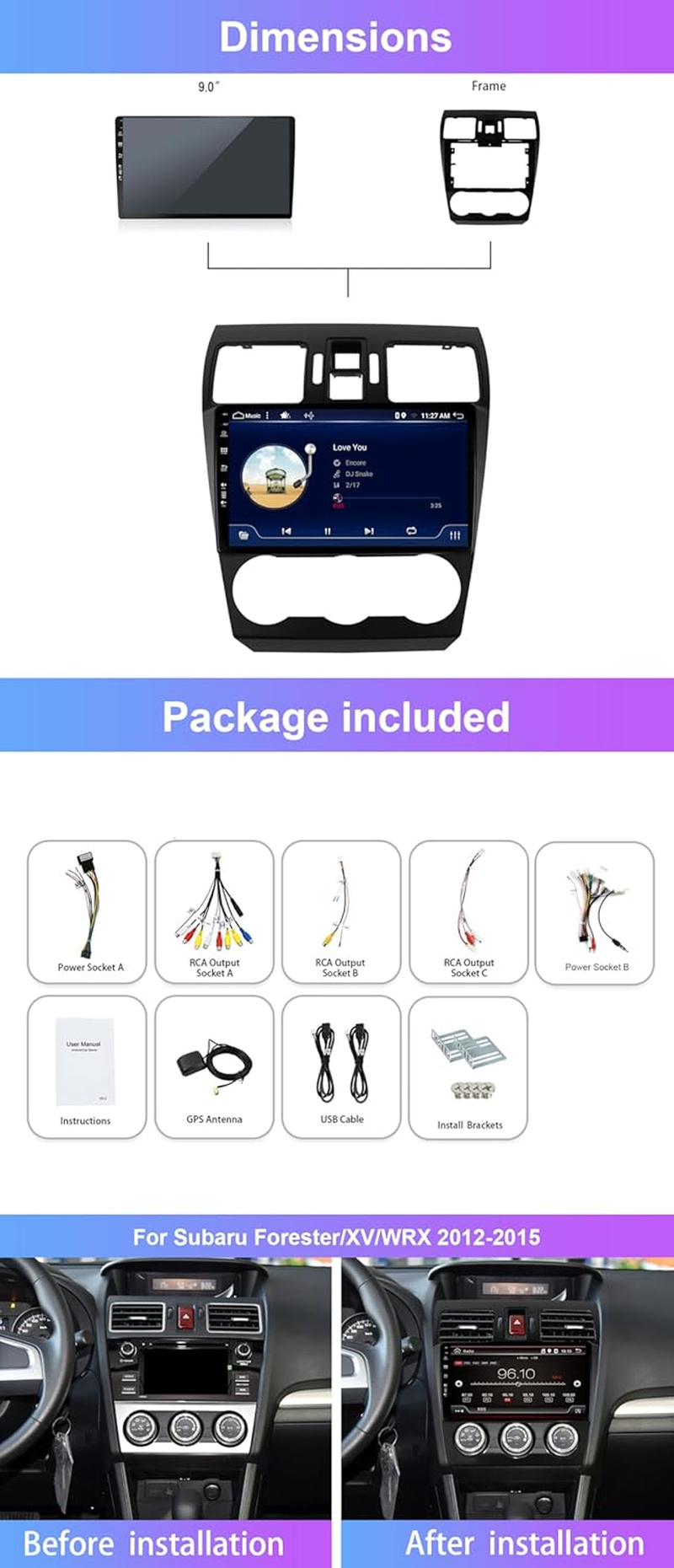 Car GPS Navigation Stereo for Subaru Forester/Xv/Wrx 2012-2015 Android 14 Double Din Head Unit Carplay Wifi BT Camera USB FM AM SWC IPS 9Inch image number 4