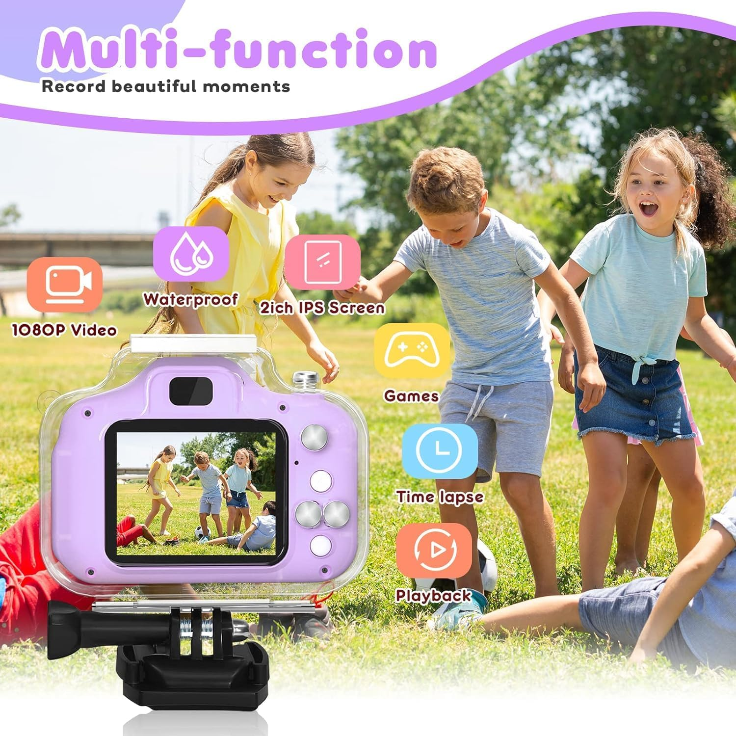 Kids Waterproof Digital Camera Gifts for 6 7 8 9 10 Year Old Action Kids Camera for Age 3-12 Christmas Birthday Gifts Underwater Video Recorder with 32GB SD Card (Sweet Purple) image number 6