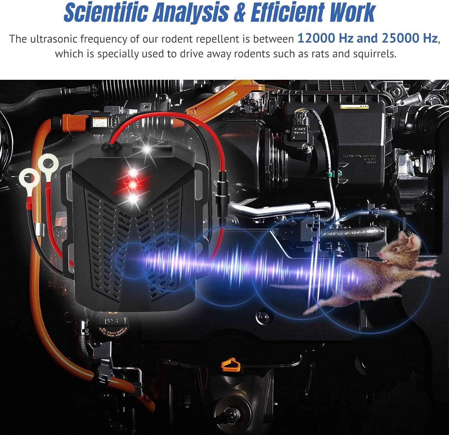 2 Pack Rat Repellent for Car Engines with Two Ultrasonic Modes & Evictor Flashing Lights to Keep Mouse Squirrel Rat Out, Humanized Ultrasonic Pest Repeller under Hood Rat Repeller for 12V Car