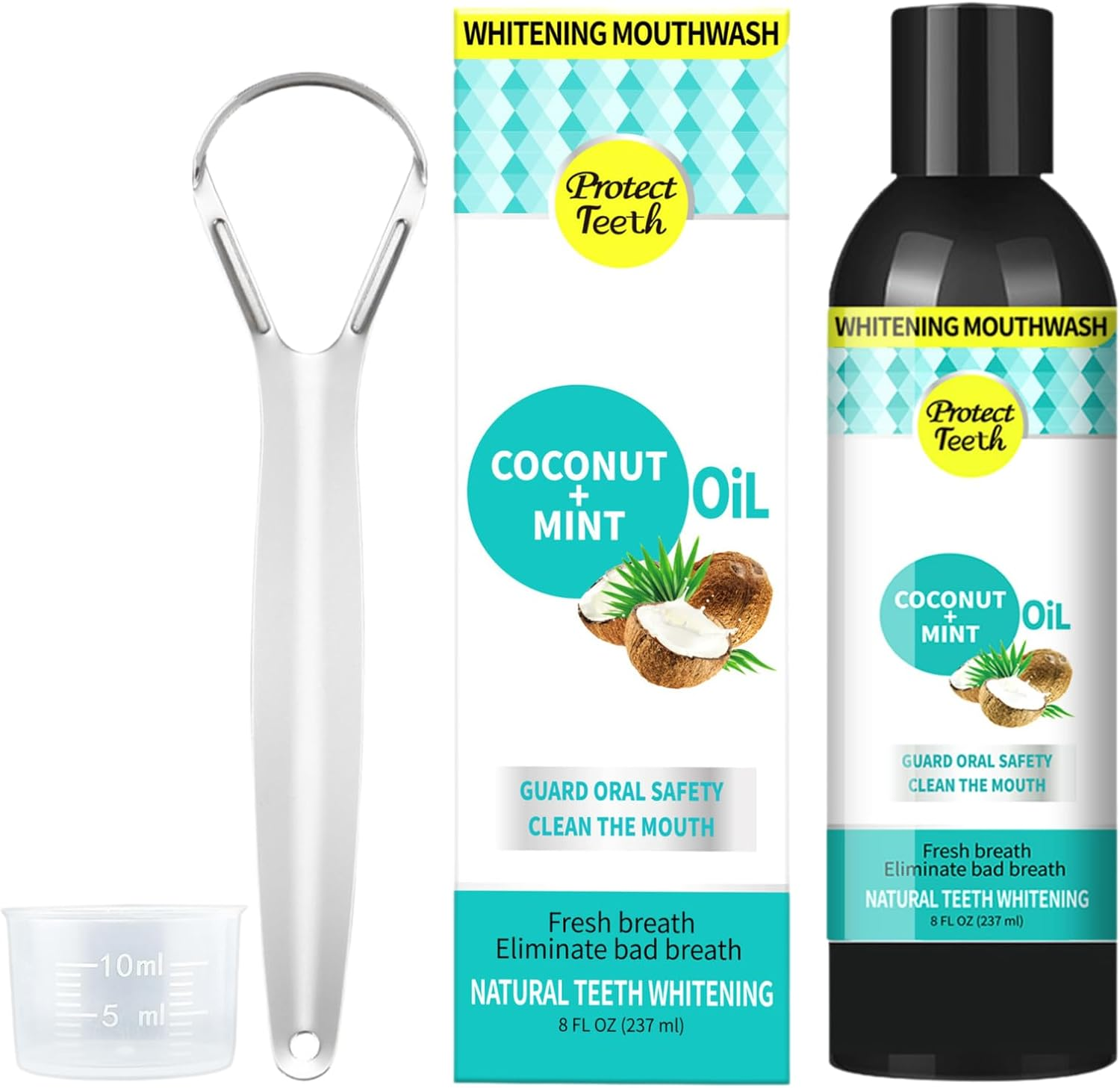 YSHIGUING 237Ml Coconut Mint Oil Pulling Mouthwash with Tongue Scraper - Natural Pulling Oil for Oral Care, Healthy Gums,Fresh Breath & Teeth Whitening image number 3