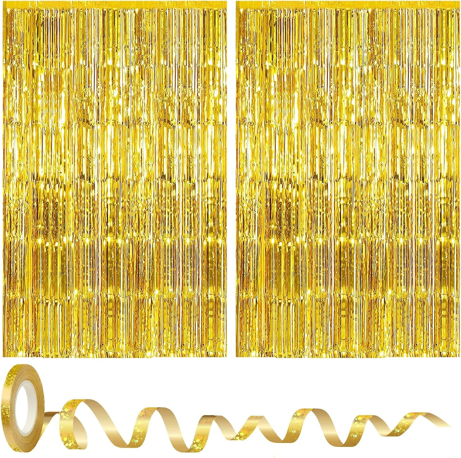 Fringe Foil Curtain, Gold Foil Fringe Curtain Set with 2 Pcs Metallic Tinsel Curtains & Shiney Ribbon, 3.3 * 6.5 Ft Streamer Curtain Backdrop for Valentine'S Day Birthday Engagement Bachelor Party image number 2