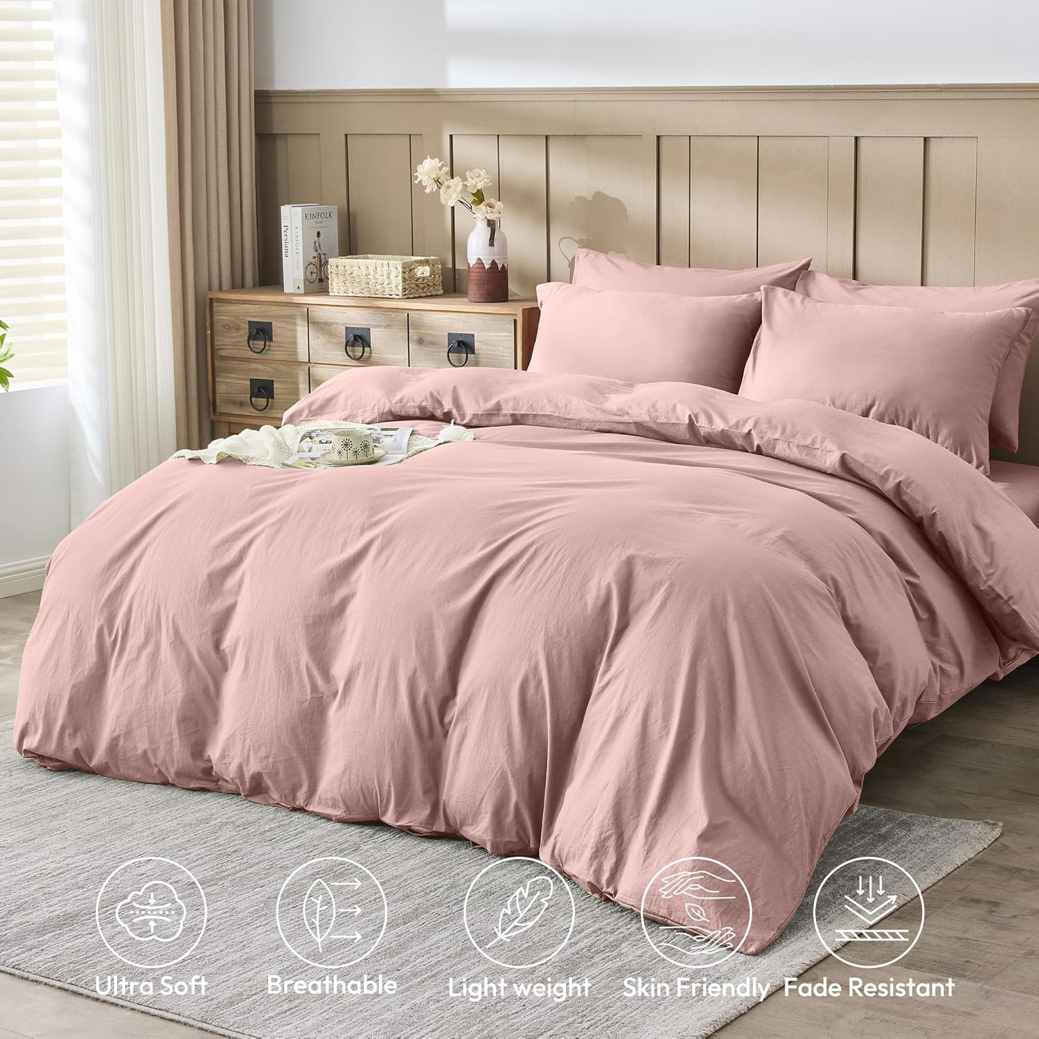 LINENOVA 100% Cotton Quilt Cover Set Queen &ndash; 3 Pieces Vintage Washed Duvet Cover with Pillowcases, Ultra Soft & Breathable, All Season Bedding - Dusty Pink image number 6