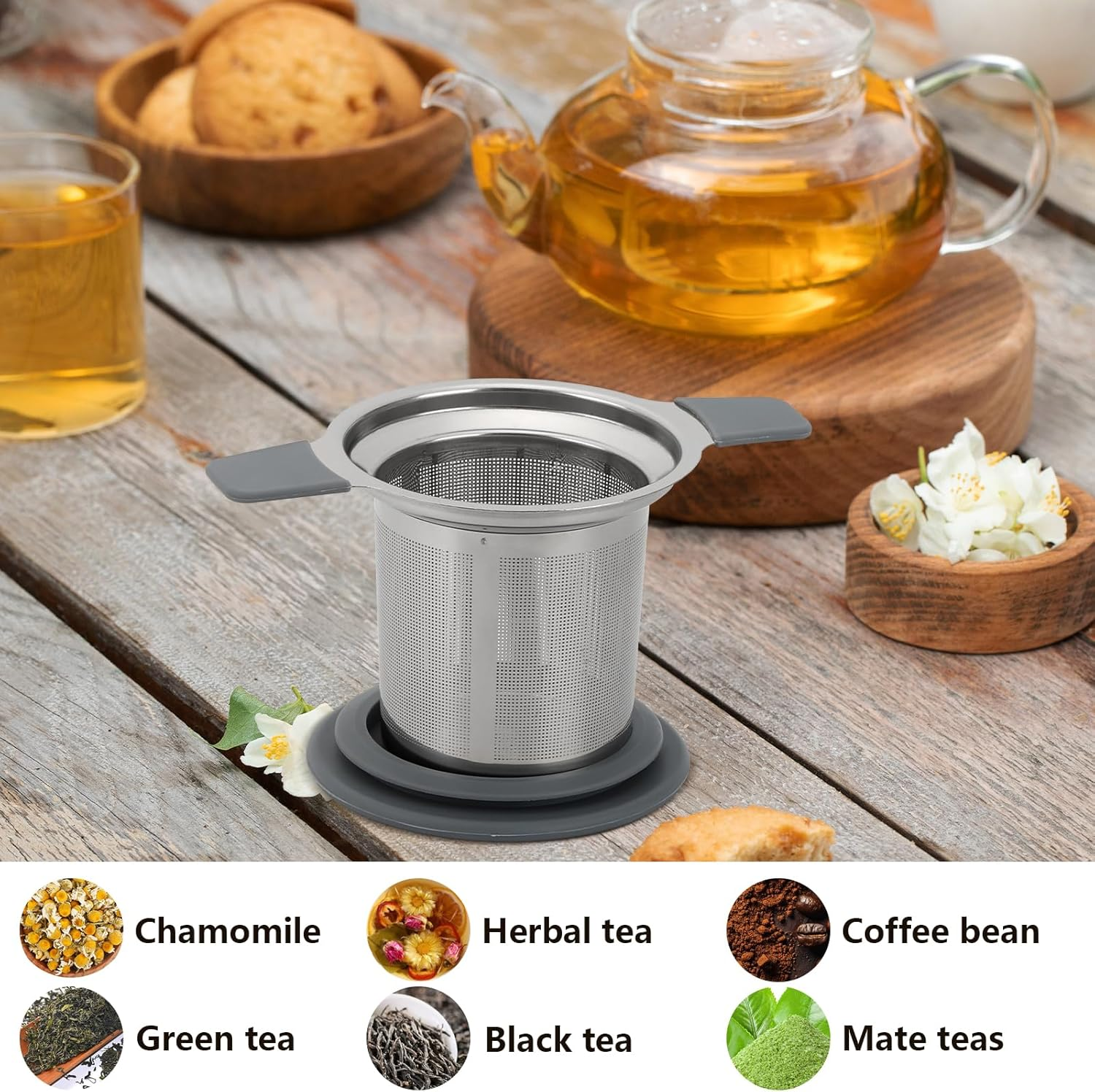 Tea Infuser Strainers, Stainless Steel Loose Leaf Tea Stepper with Heat Proof Double Handles and Lid, Extra Fine Mesh Infusers image number 6