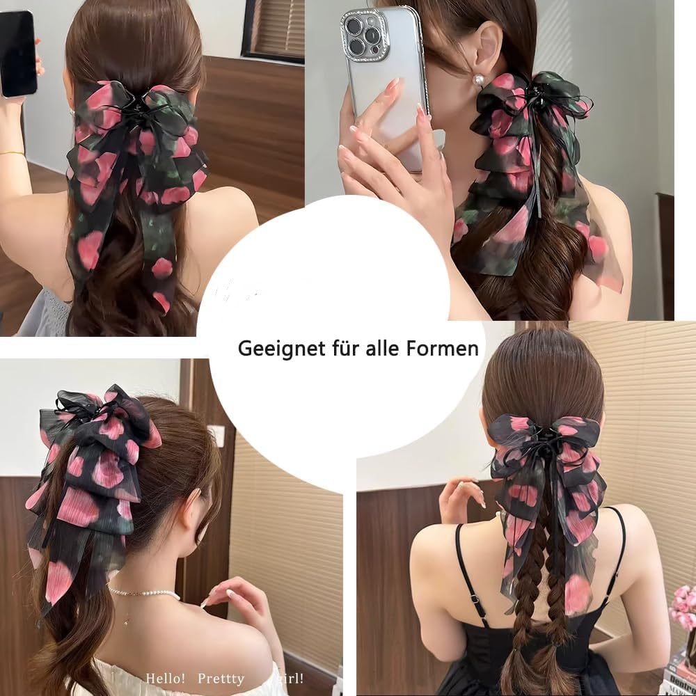 Large Bow Hair Clips with Long Ribbon Soft Broken Chiffon Ponytail Holder Shape for Women (Pack of 1) image number 4