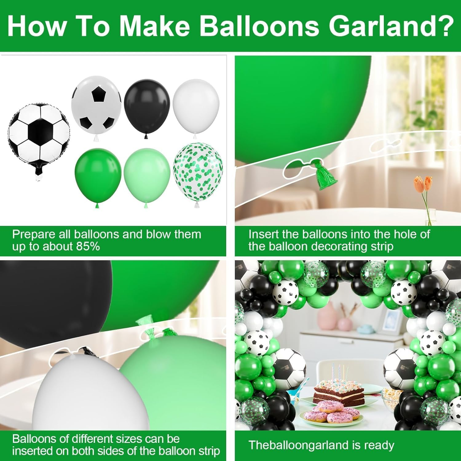 Soccer Balloon Arch Garland Kit 121 Pcs, Green Black White Confetti Balloons Decorations with Soccer Champion Cup Foil Balloons for Men Teen Kids Soccer Football Theme Birthday Party Decor Supplies image number 2