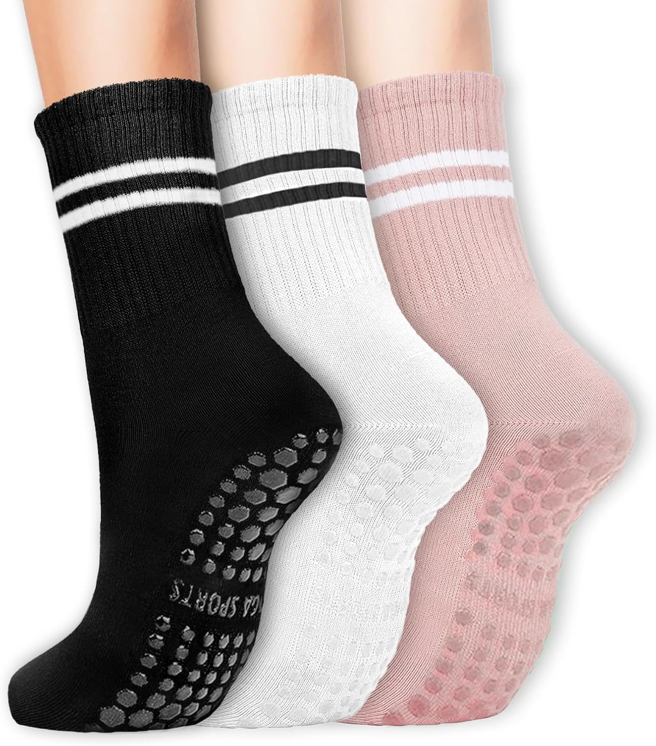 Viiotu Pilates Socks Women with Grips, Reformer Pilates Grip Socks, Non Slip Yoga Socks for Gym, Dance, Work Out - 3 Pairs, Black image number 2