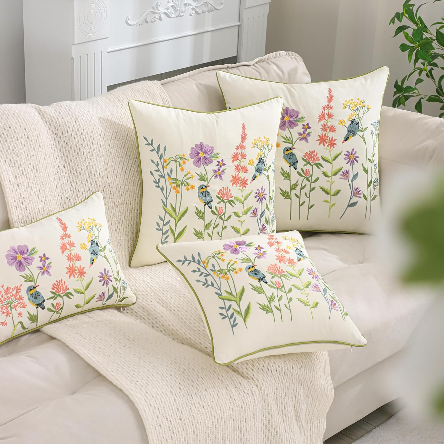 Tosleo Embroidered Throw Pillow Covers 16 X 16 Inch Pack of 2 Vintage Birds with Flowers Farmhouse Pillow Cushion Cases Spring Decorative Pillowcases Spring Home Decor Square Floral Pillow Case image number 7