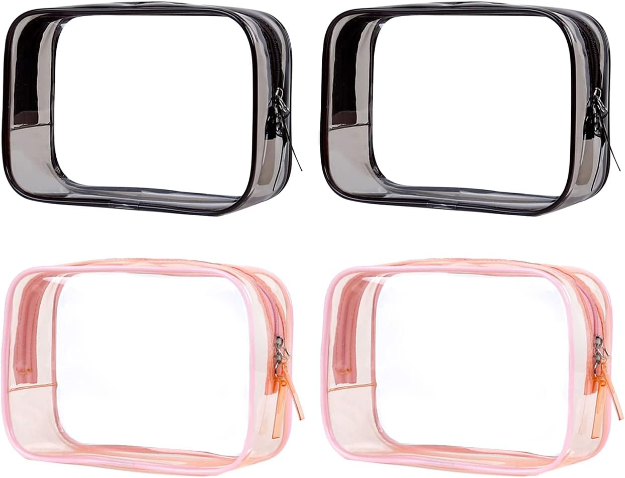 TSA Toiletry Bag, VASCHY 4 Pack Clear Makeup Bag Water Resistant Cosmetic Bag, Airline Carry on Travel Bag for Men and Women, Transparent Wash Bag, Black-Pink