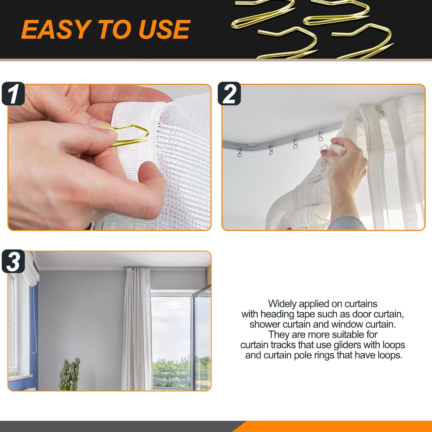 Rustark 58Pcs Bronze Metal Curtain Hooks - Stainless Steel Heavy Duty Pin-On Drapery Hooks for Pinch Pleat Drapes, Window, Door and Shower - Track Hook image number 3