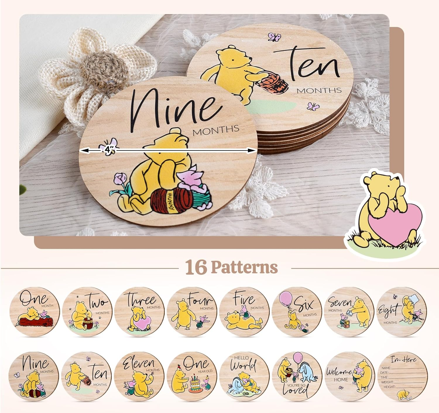 Winnie Baby Milestone Cards, Wooden Cirles Discs for Baby Photo Prop with Announcement & Hello World Sign - 8Pcs Double Sided Markers for Baby Shower Nursery Gift