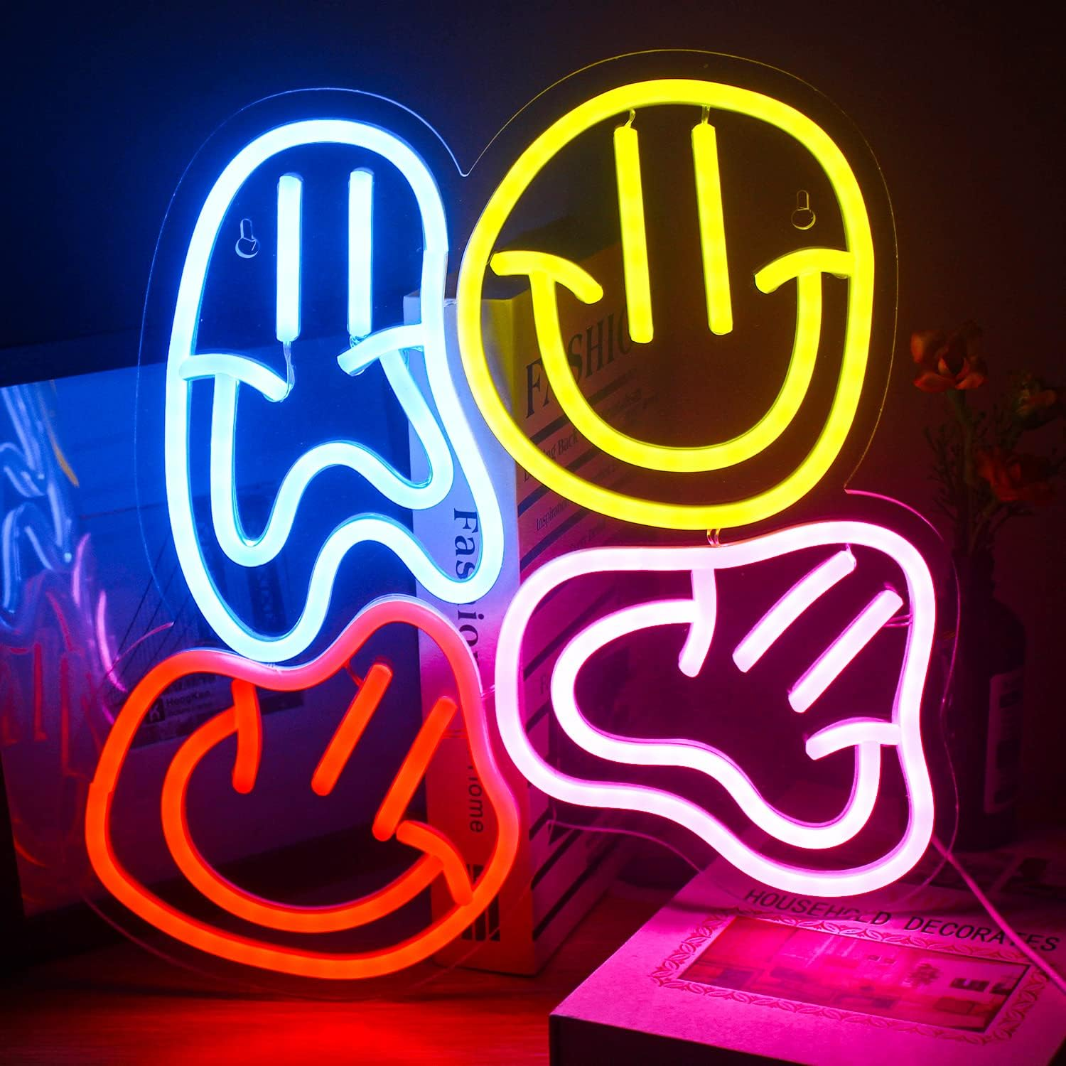 Smiley Faces Neon Sign Led Colorful Distorted Happy Faces Neon Light Signs for Wall Decor Usb Light up Signs for Kids Bedroom Preppy Room Decor Party Decoration Valentine'S Day Gifts image number 4