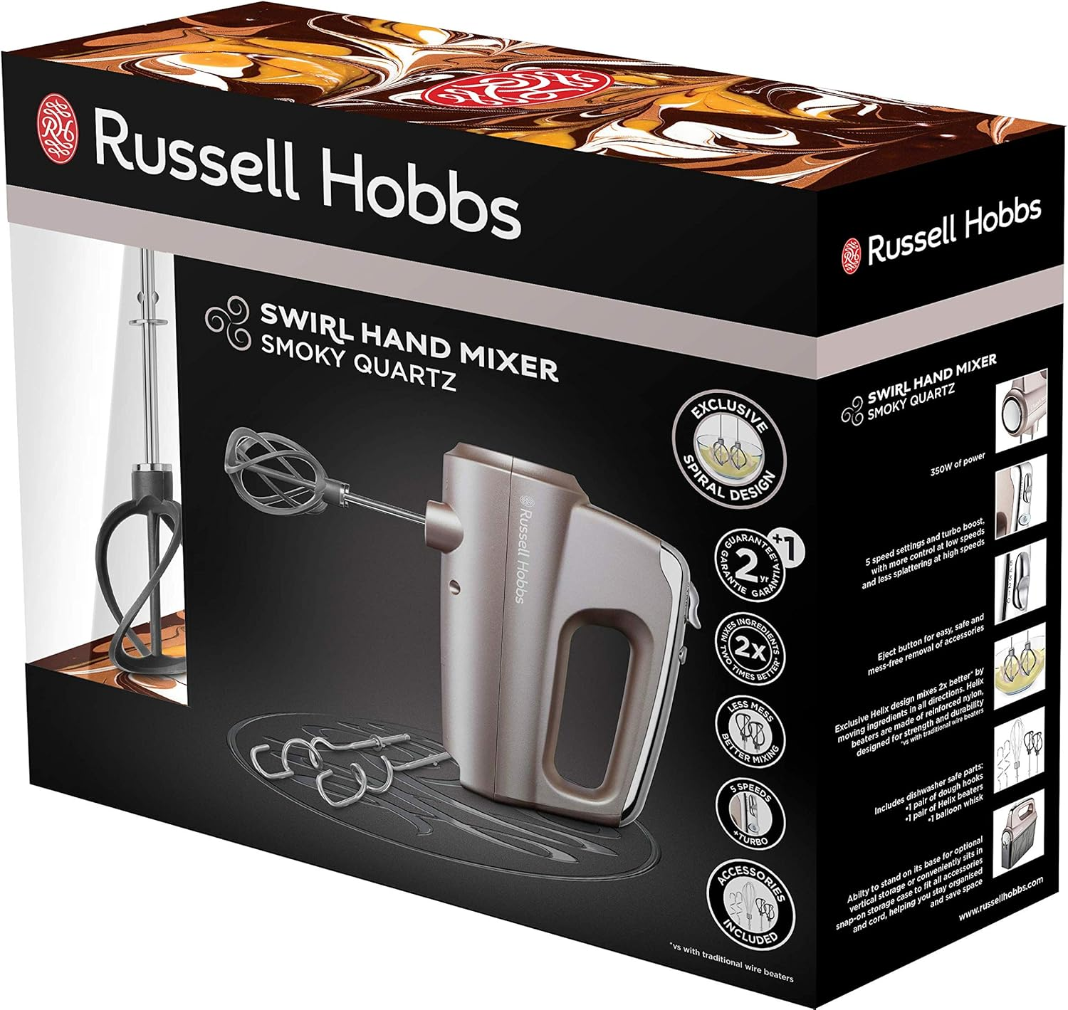 Russell Hobbs Hand Mixer [Hand Mixer Including Storage Box for Accessories] Swirl Quartz (4 Speed Settings + Turbo Function, 2 Helix Whisks Made of Fibreglass-Reinforced Nylon, 2 Dough Hooks) 25892-56 image number 4