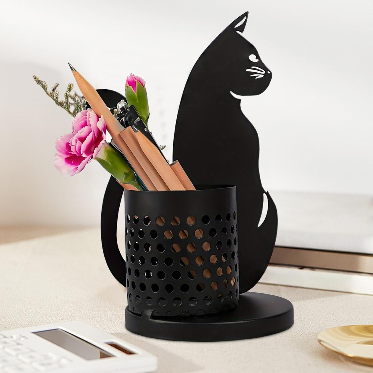 Black Metal Cat Pencil Holder - Cat Countertop Pencil Stand | Cute Metal Cat Pencil Container for Desk | Funny Black Cat Pen Storage Rack, Offices Accessory | Decorative Desk Organizer for Cat Lovers image number 2
