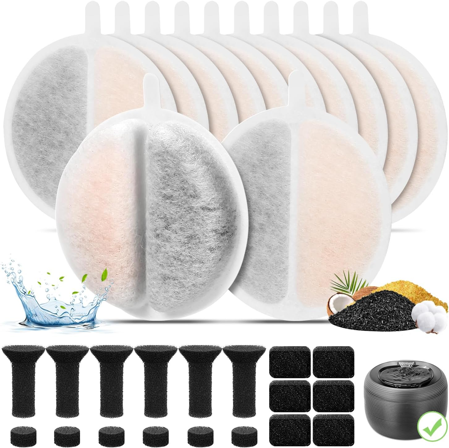 Cat Fountain Filter, Pack of 12 Replacement Filters for 2.5 L Drinking Fountain, Activated Carbon and Ion Exchange Resin for Water Filtration, Replacement Foam/Sponge Filter for 84 FL Oz/2.5 L Cat image number 2