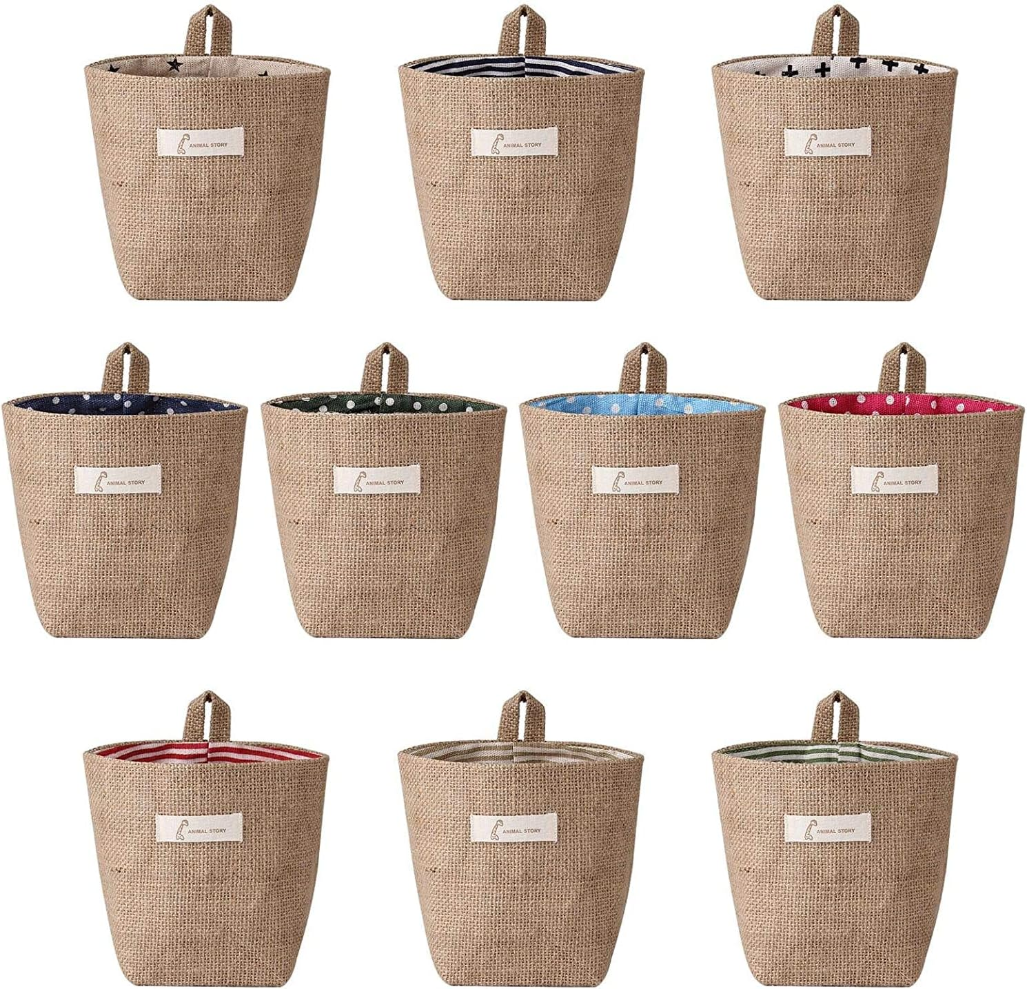 10 Pcs Wall-Hanging Storage Bags Hanging Storage Bags Cotton Linen Storage Basket Foldable Wall-Hanging Basket Family Organizer Box Decorative Bag image number 4