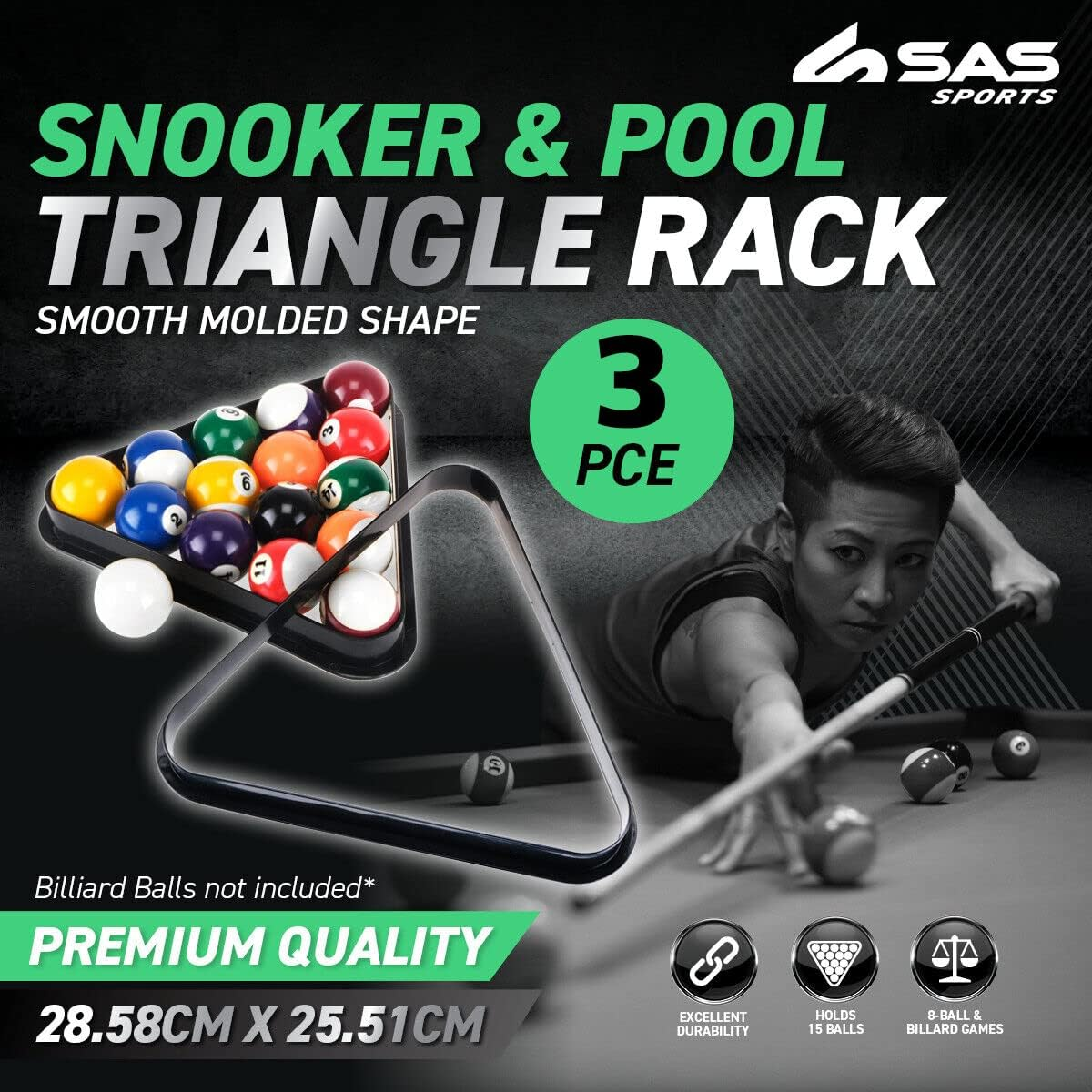 [3PCE] SAS Sports Snooker & Pool Triangle Racks, Plastic, Durable and Impact Resistant, Smooth Molded Triangular Shape, Holds 15 Balls, Necessity for Racking Pool and Snooker Balls (28.5Cm X 25.51Cm) image number 4