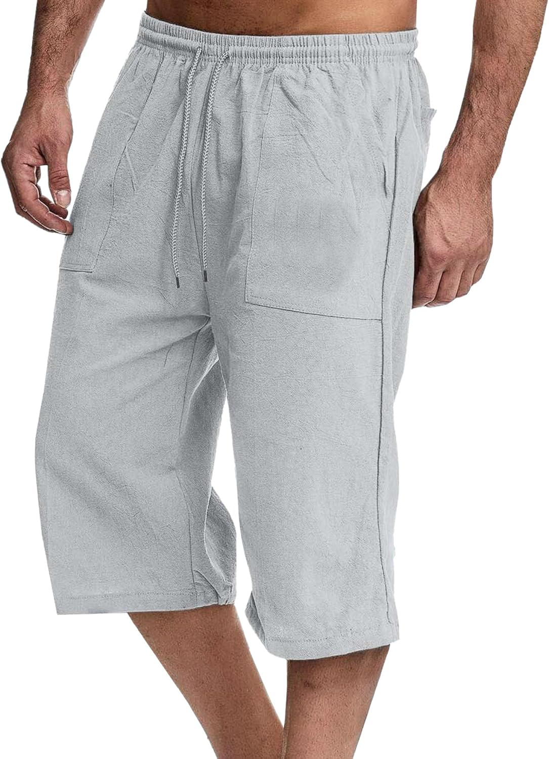 Men'S Long Cotton Linen Shorts Lightweight Classic Male Knee Length Drawstring Sport Men Lounge Capri Pant, Grey, 3X-Large image number 2