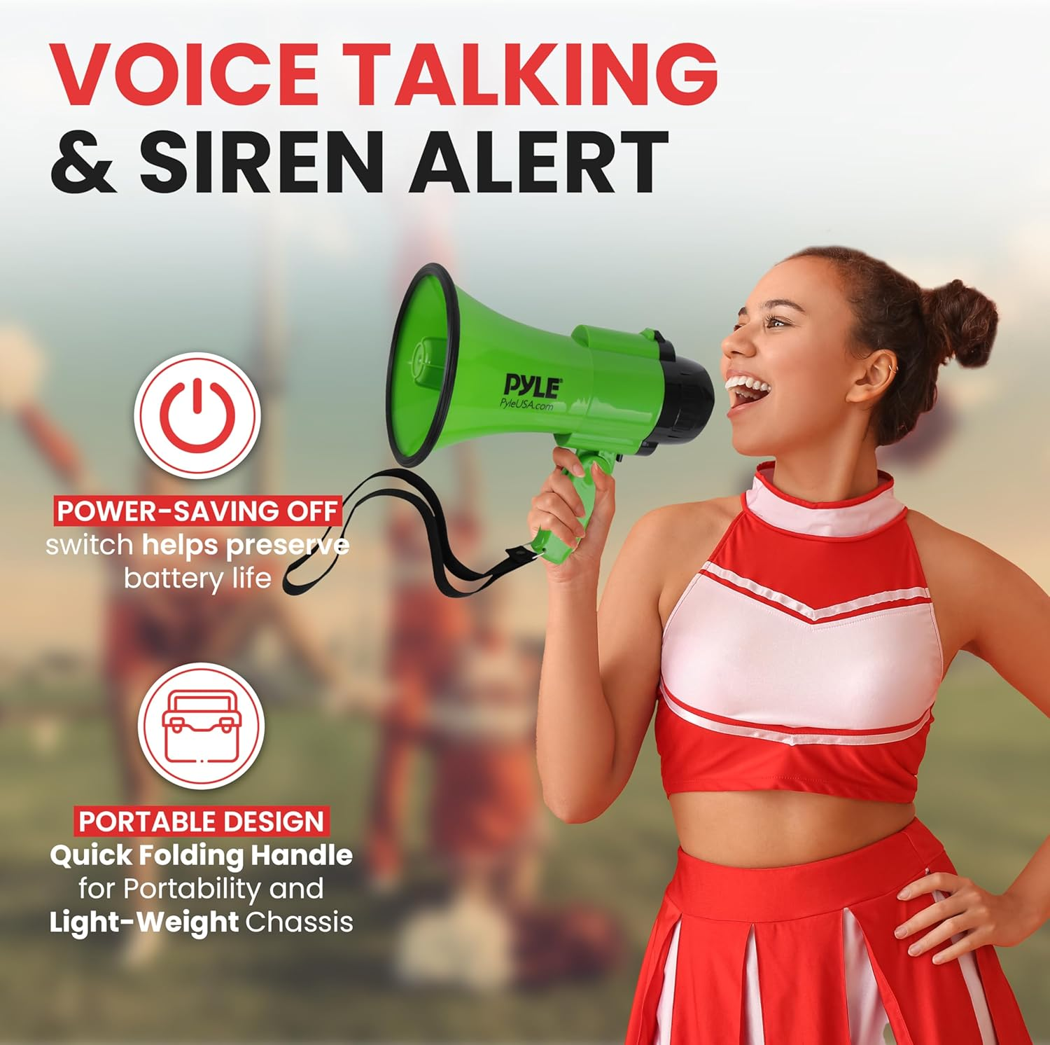 Portable Megaphone Speaker Siren Bullhorn - Compact and Battery Operated with 30 Watt Power, Microphone, 2 Modes, PA Sound and Foldable Handle for Cheerleading and Police Use - Pyle PMP32GR (Green)