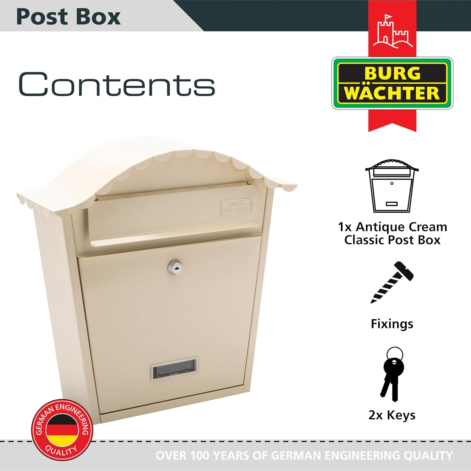 Burg-Wachter MB01AC Classic Wall Mounted Galvanised Steel Lockable Weatherproof Post Box, Antique Cream, 36X37X13Cm - Chartwell Green image number 3