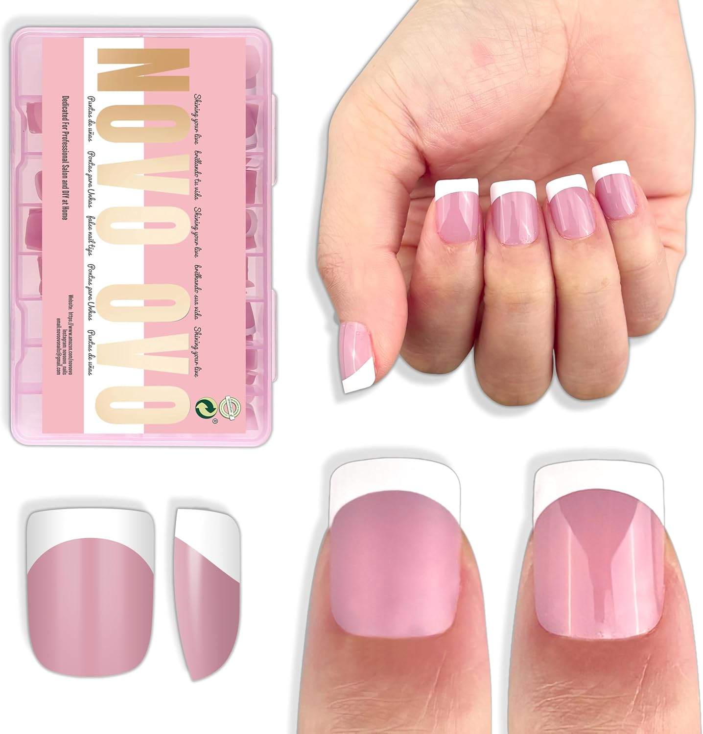 NOVO OVO Short Sharp Square White French Tip Nail Tips Press on BERRY PINK, Need Builder Gel Top Coat Nail Glue,Soft Gel Fake Nail Extension, Full Cover False Nails for Salon DIY X15 Sizes 240 Pcs
